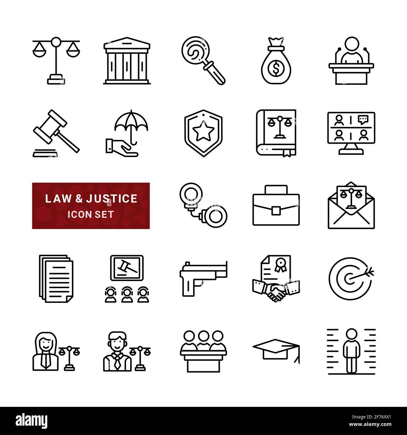 Set di icone delle linee vettoriali relative a legge e giustizia. Contiene icone come Avvocato, bracciale, Giudice e molto altro. Illustrazione Vettoriale