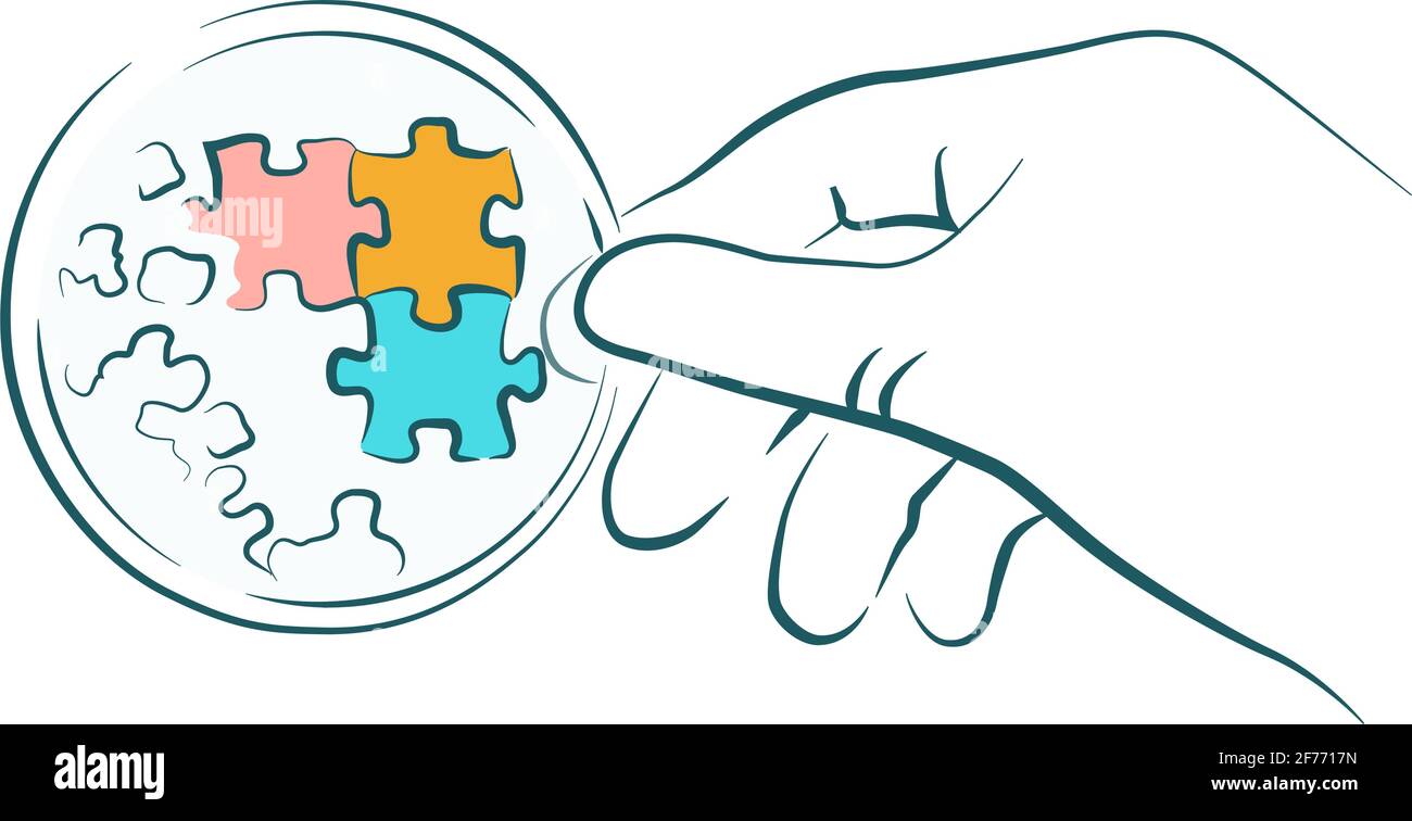 Illustrazione vettoriale della scienza biotech, mano con puzzle su vetro da laboratorio Illustrazione Vettoriale