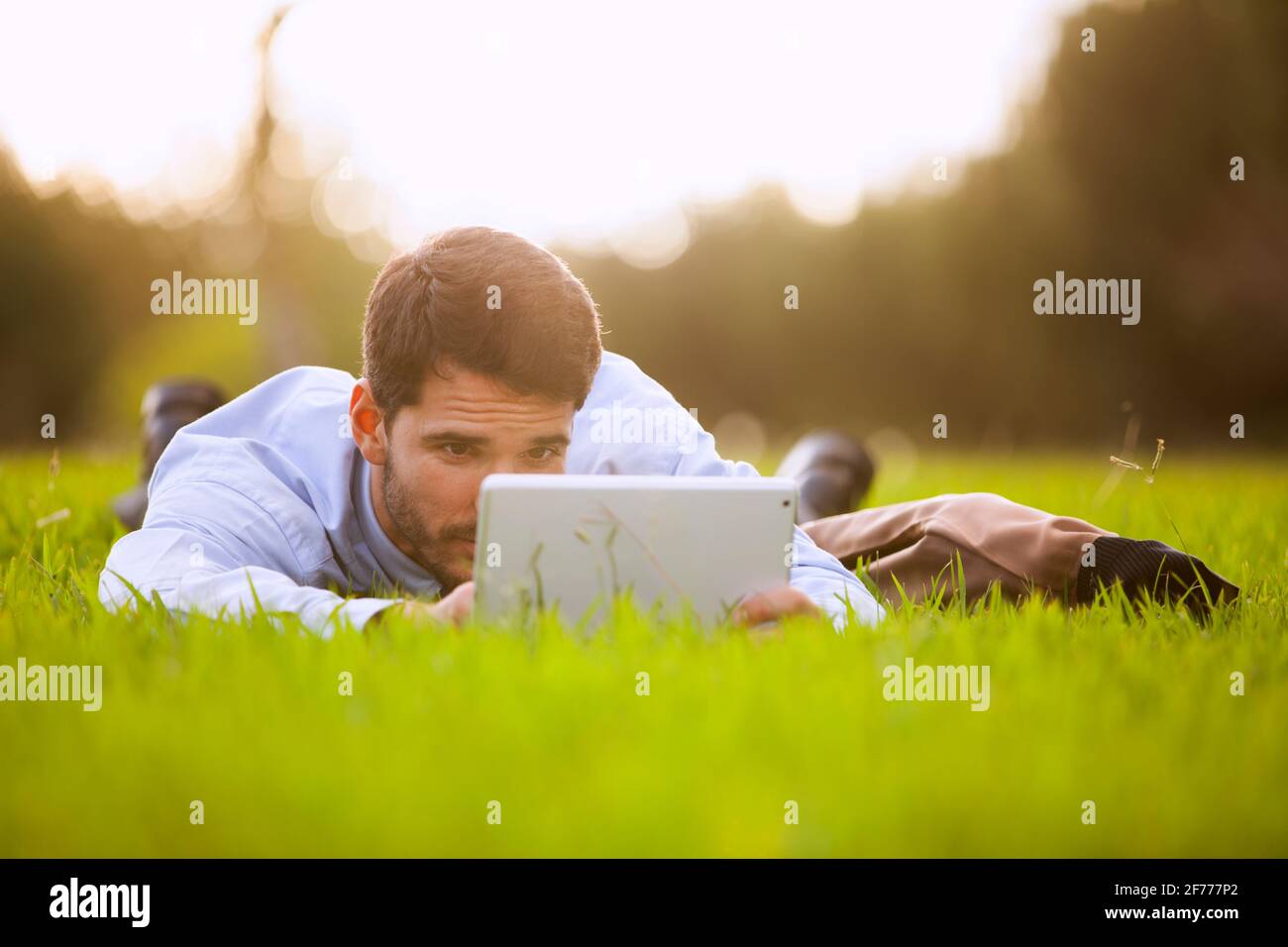 Imprenditore utilizzando una tavoletta digitale Foto Stock