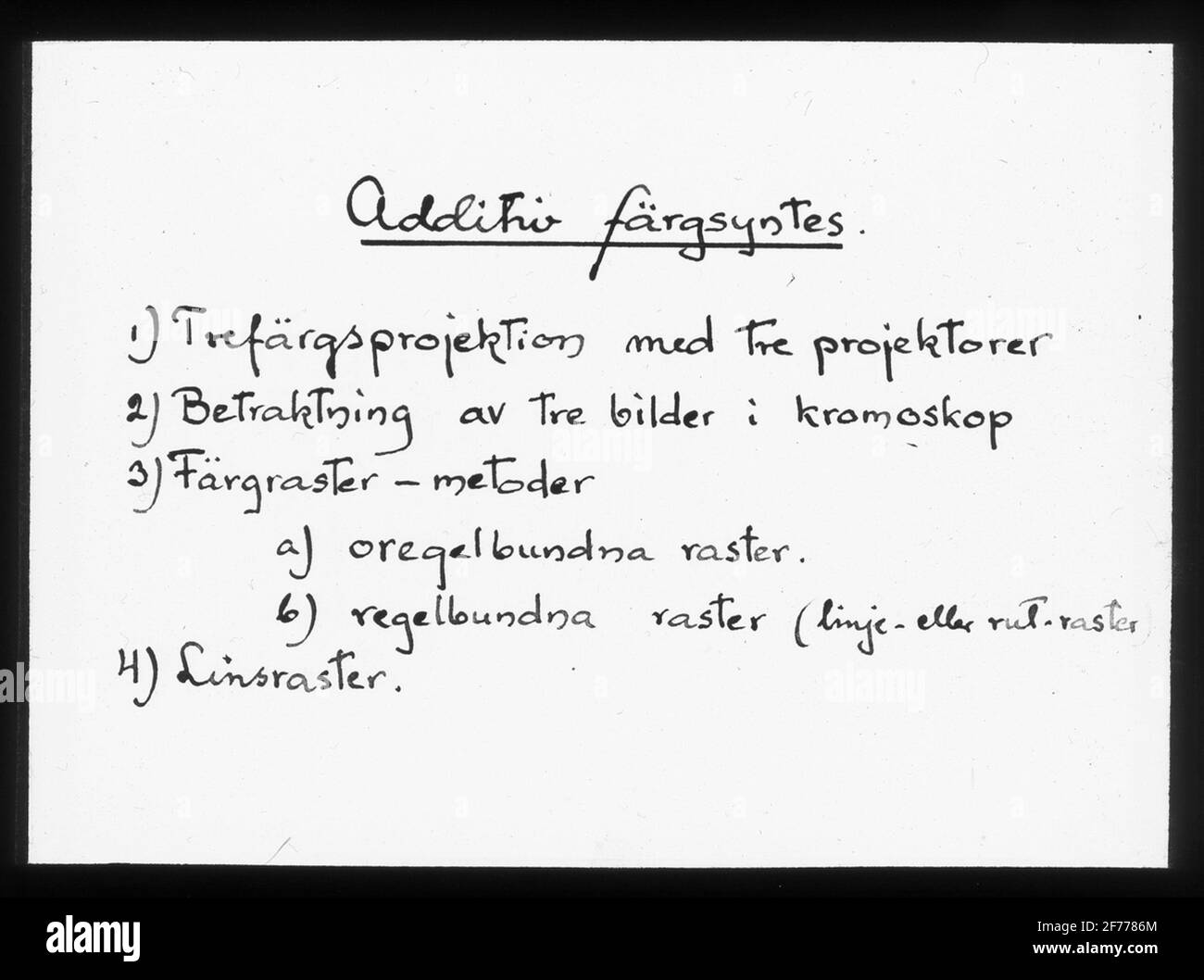 Immagine Skiopticon del Dipartimento di Fotografia del Royal Institute of Technology. Utilizzo da parte del professor Helmer Bäckström come materiale didattico. Bäckström è stato il primo professore svedese di fotografia al Royal Institute of Technology di Stoccolma 1948-1958. Descrizione della sintesi cromatica additiva. Per ulteriori informazioni, vedere: Bäckström, Helmer. Manuale fotografico. Altra edizione rivista. Natura e Cultura. Stoccolma. 1948. pag. 970. Foto Stock