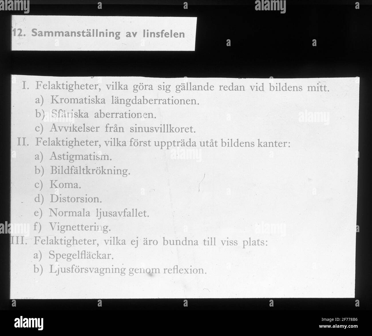 Immagine Skiopticon del Dipartimento di Fotografia del Royal Institute of Technology. Utilizzo da parte del professor Helmer Bäckström come materiale didattico. Bäckström è stato il primo professore svedese di fotografia al Royal Institute of Technology di Stoccolma 1948-1958.Sam occupazione dell'errore lente. Per ulteriori informazioni, vedere: Bäckström, Helmer. Manuale fotografico. Natura e Cultura. Stoccolma. 1942. pag. 97. Foto Stock