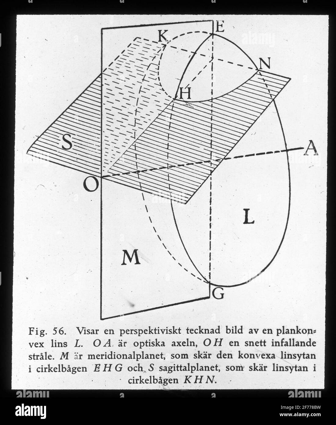 Immagine Skiopticon del Dipartimento di Fotografia del Royal Institute of Technology. Utilizzo da parte del professor Helmer Bäckström come materiale didattico. Bäckström è stato il primo professore svedese di fotografia al Royal Institute of Technology di Stoccolma 1948-1958. L'immagine A Plankonvex Lens L. OA è l'asse ottico, OH un fascio obliquo incidente. M è il piano meridiano, che taglia la superficie convessa della lente nell'arco circolare e S Sagittaplanet, che taglia la superficie della lente nell'arco circolare. [Secondo il manuale 1 p. 88: Astigmatismo causa: Con raggi OH paralleli nel piano M e S colpisce su d Foto Stock