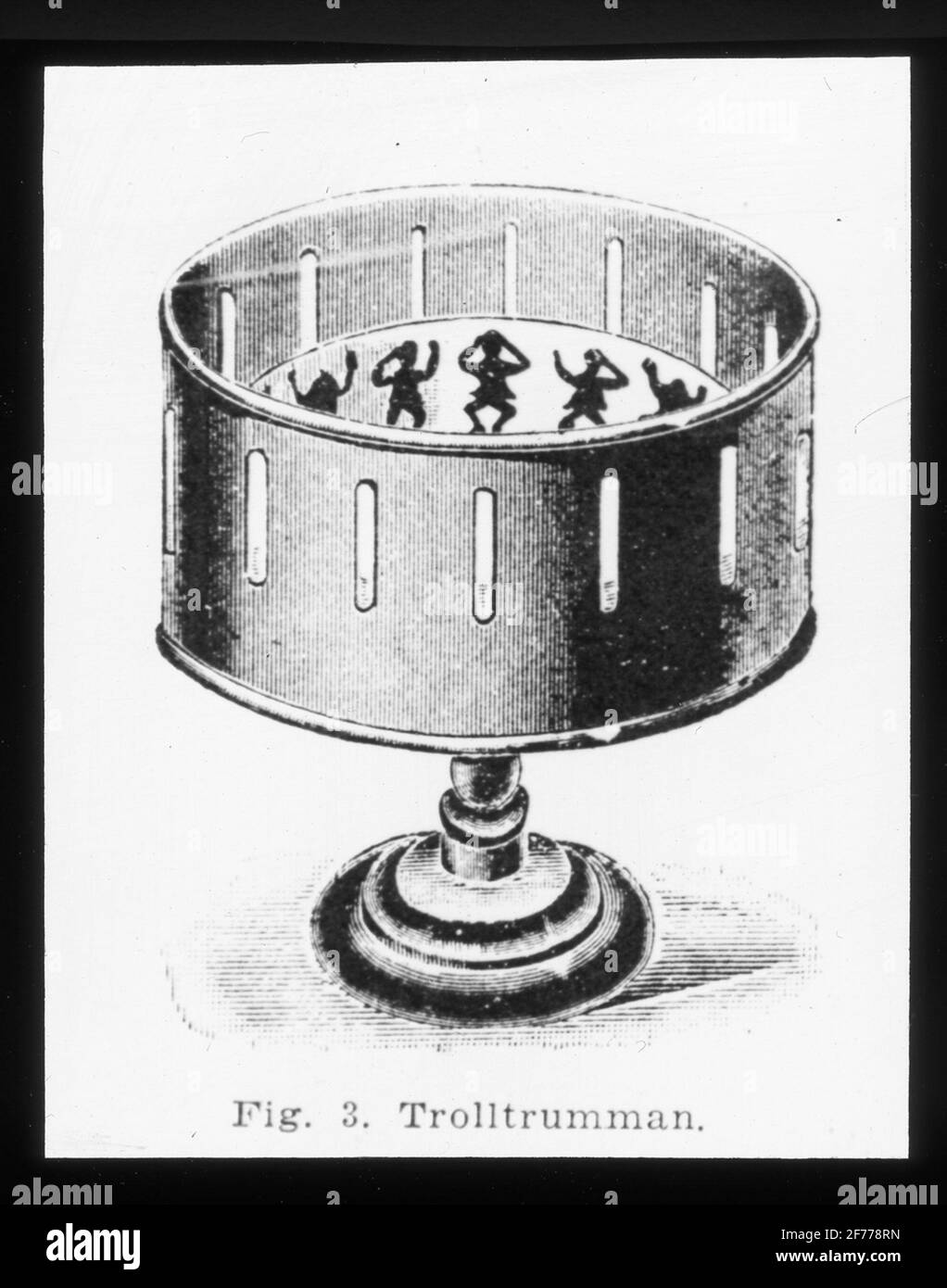 Immagine Skiopticon del Dipartimento di Fotografia del Royal Institute of Technology. Utilizzo da parte del professor Helmer Bäckström come materiale didattico. Bäckström è stato il primo professore svedese di fotografia al Royal Institute of Technology di Stoccolma 1948-1958.trollrumma. Giocattolo ottico per creare illusione di immagini in movimento. La parte anteriore del film.per maggiori informazioni vedi: Bäckström, Helmer. Manuale fotografico. Altra edizione rivista. Natura e Cultura. Stoccolma. 1948. pag. 1253. Foto Stock