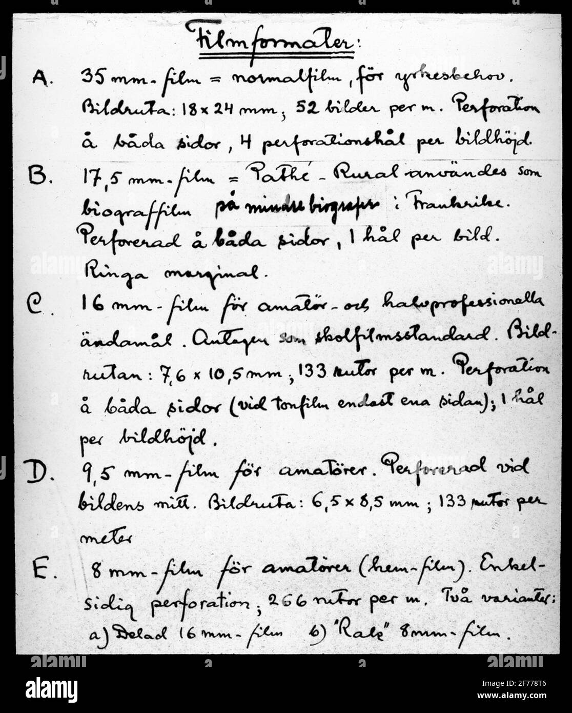 Immagine Skiopticon del Dipartimento di Fotografia del Royal Institute of Technology. Utilizzo da parte del professor Helmer Bäckström come materiale didattico. Bäckström è stato il primo professore svedese di fotografia al Royal Institute of Technology di Stoccolma 1948-1958. Descrizione di Filmformat per Kinematografting.Bäckström, Helmer. Manuale fotografico. Altra edizione rivista. Natura e Cultura. Stoccolma. 1948. pag. 1266-1267. Foto Stock