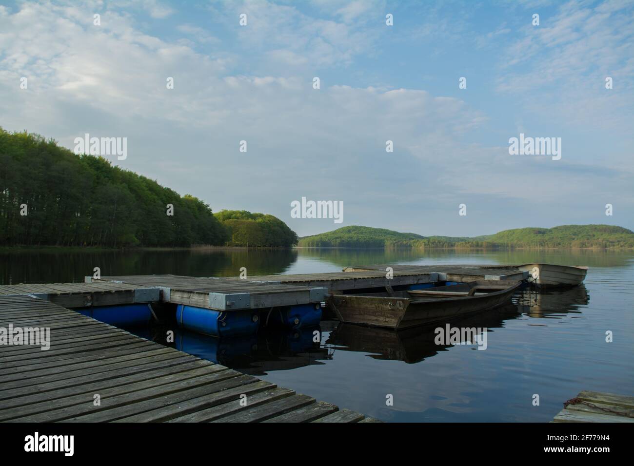 Vista su un lago svedese con foresta verde lo sfondo e un molo con barche in primo piano Foto Stock