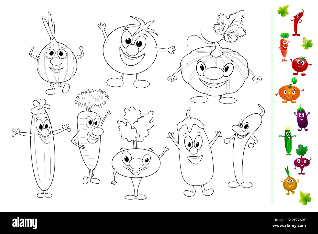 Set di vari divertenti verdure cartoni animati per la colorazione. Tempo libero creativo per i bambini piccoli. Illustrazione Vettoriale