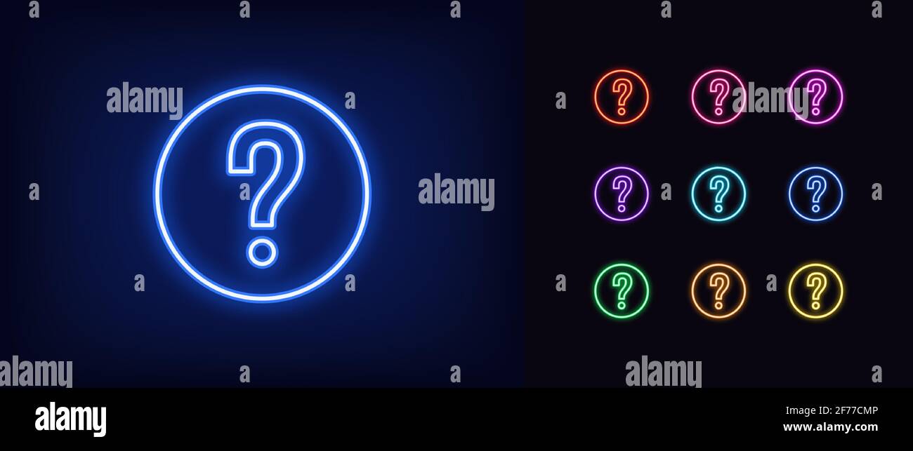 Icona punto interrogativo al neon. Simbolo di domanda al neon brillante, silhouette query di contorno dai colori vivaci. Chat del servizio di supporto, FAQ, ottenere risposta e consigli. Ve Illustrazione Vettoriale