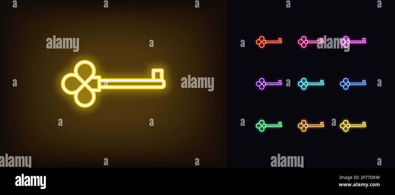 Icona del tasto neon. Simbolo luminoso al neon, indizio magico, silhouette dai colori vivaci. Chiave scheletrica dorata, chiave latchkey del maestro delle fata, stanza di ricerca magica, se Illustrazione Vettoriale