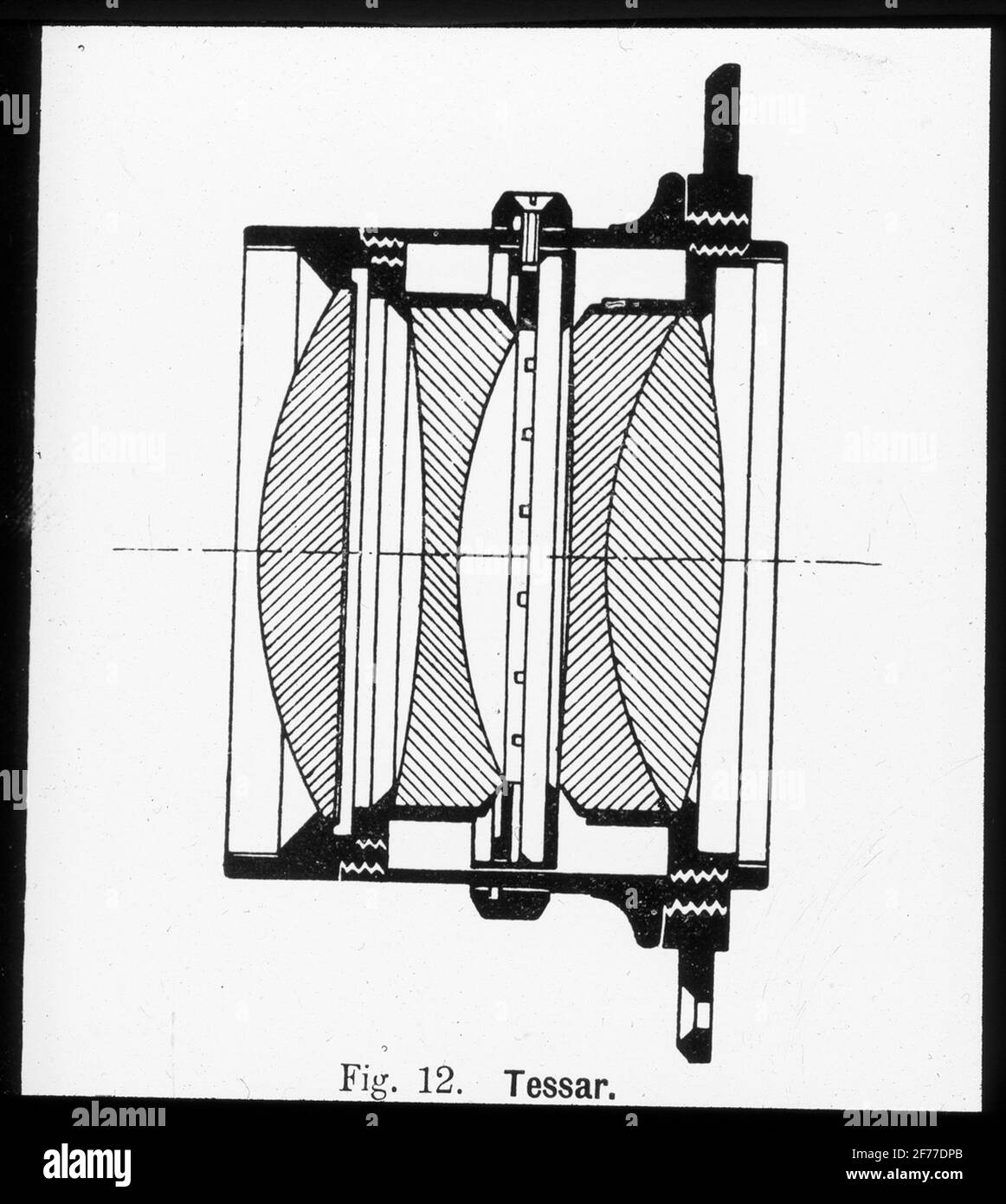 Immagine Skiopticon del Dipartimento di Fotografia del Royal Institute of Technology. Utilizzo da parte del professor Helmer Bäckström come materiale didattico. Bäckström è stato il primo professore svedese di fotografia al Royal Institute of Technology di Stoccolma 1948-1958. Il disegno sugli obiettivi per fotocamere, Zeiss Tessar.per ulteriori informazioni, vedere: Bäckström, Helmer. Manuale fotografico. Natura e Cultura. Stoccolma. 1942. pag. 136. Foto Stock