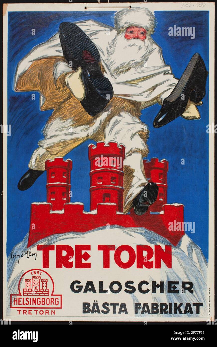 Poster pubblicitario per tre torri Galoscher della fabbrica di gomma di Helsingborg AB. (Il nome dell'artista non è chiaro sul poster). Foto Stock