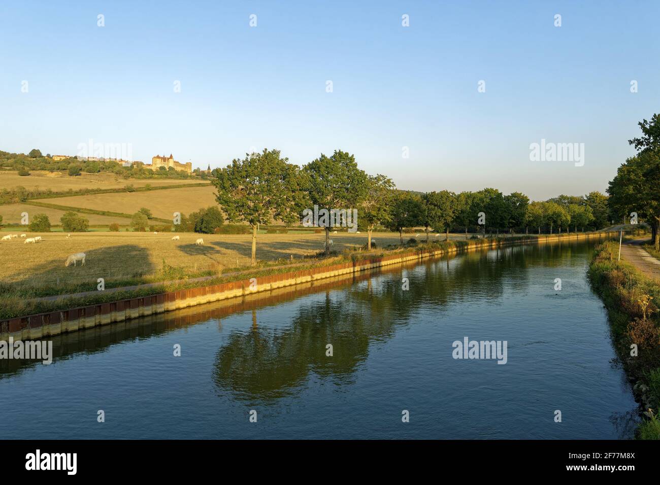 Francia, Cote d'Or, Chateauneuf en Auxois, etichettato Les Plus Beaux Villages de France (i più bei villaggi di Francia), Cana Borgogna con una vista del villaggio e il castello di Chateauneuf en Auxois Foto Stock