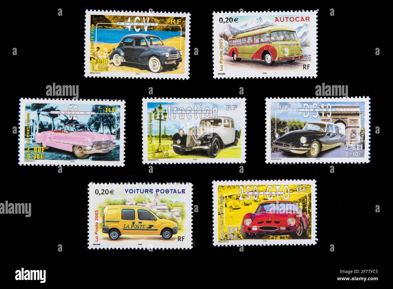 Francia, Parigi, francobolli, automobili famose Foto Stock