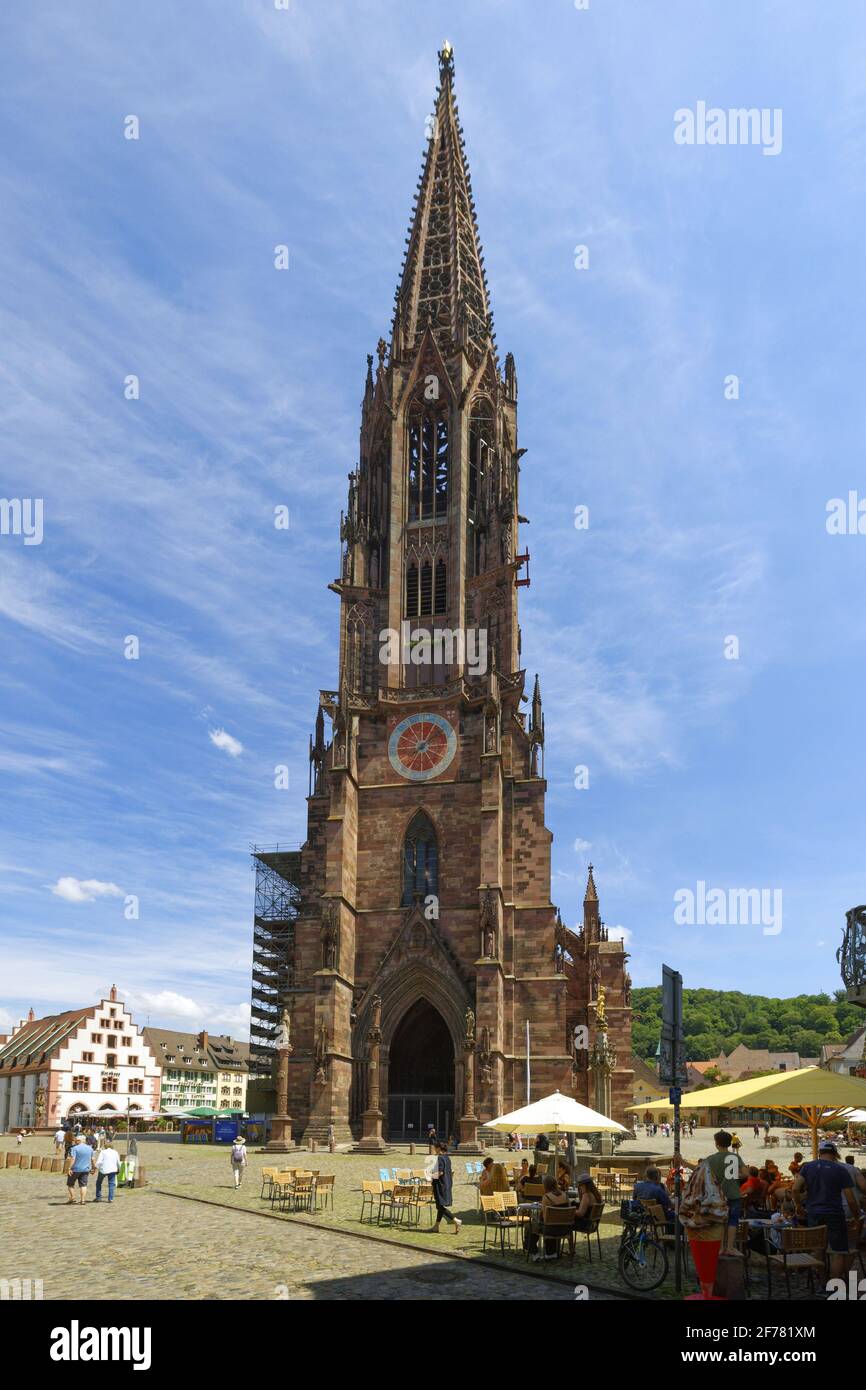 Germania, Baden Wurttemberg, Freiburg im Breisgau, piazza Münsterplatz e la cattedrale (Münster) Foto Stock
