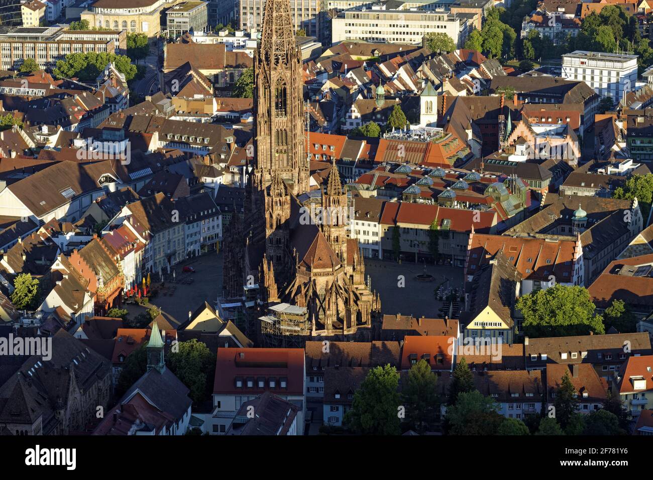 Germania, Baden Wurttemberg, Freiburg im Breisgau, la cattedrale (Münster) e la piazza Münsterplatz Foto Stock