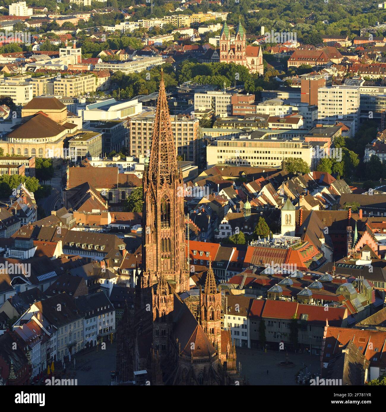 Germania, Baden Wurttemberg, Freiburg im Breisgau, vista dal Schlossberg con la cattedrale (Münster) e il Sacro cuore della Chiesa di Gesù sullo sfondo Foto Stock