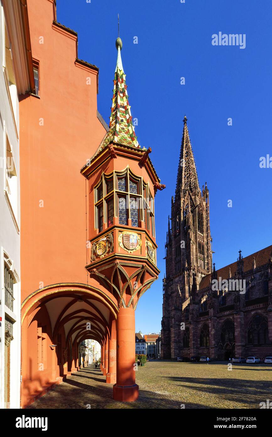 Germania, Baden Wurttemberg, Freiburg im Breisgau, Münsterplatz (piazza della cattedrale), historisches Kaufhaus (mercanti) e la cattedrale (Münster) Foto Stock