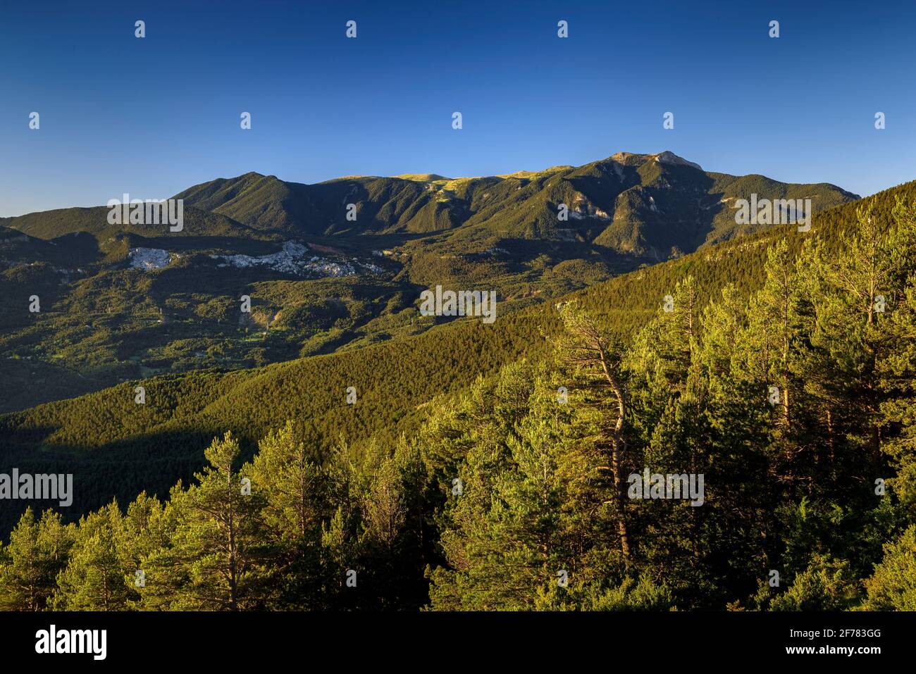 Serra d'Ensija faccia nord in un'alba estiva vista dal punto di vista di Mirador de Grolet (provincia di Barcellona, Catalogna, Spagna, Pirenei) Foto Stock