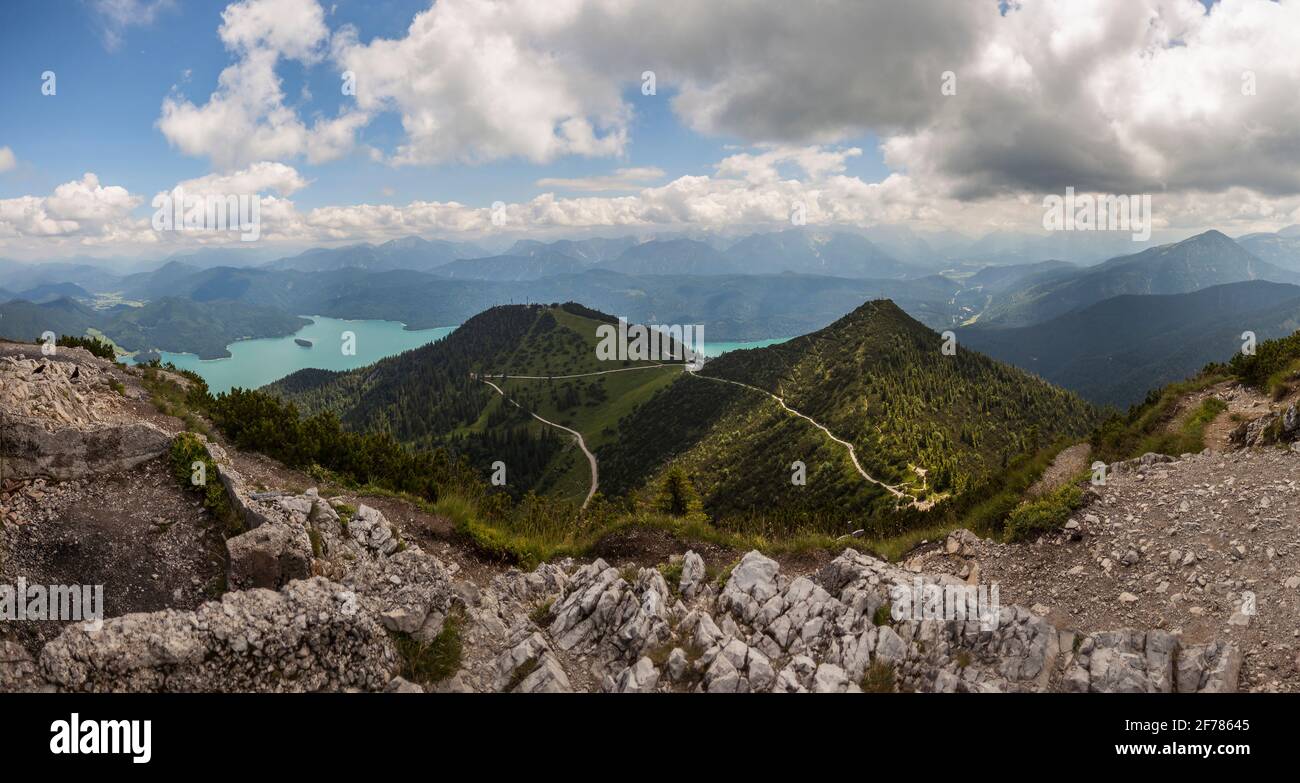 Panorama montano dalla montagna Herzogstand alla montagna Martinskopf in Baviera, Germania in estate Foto Stock