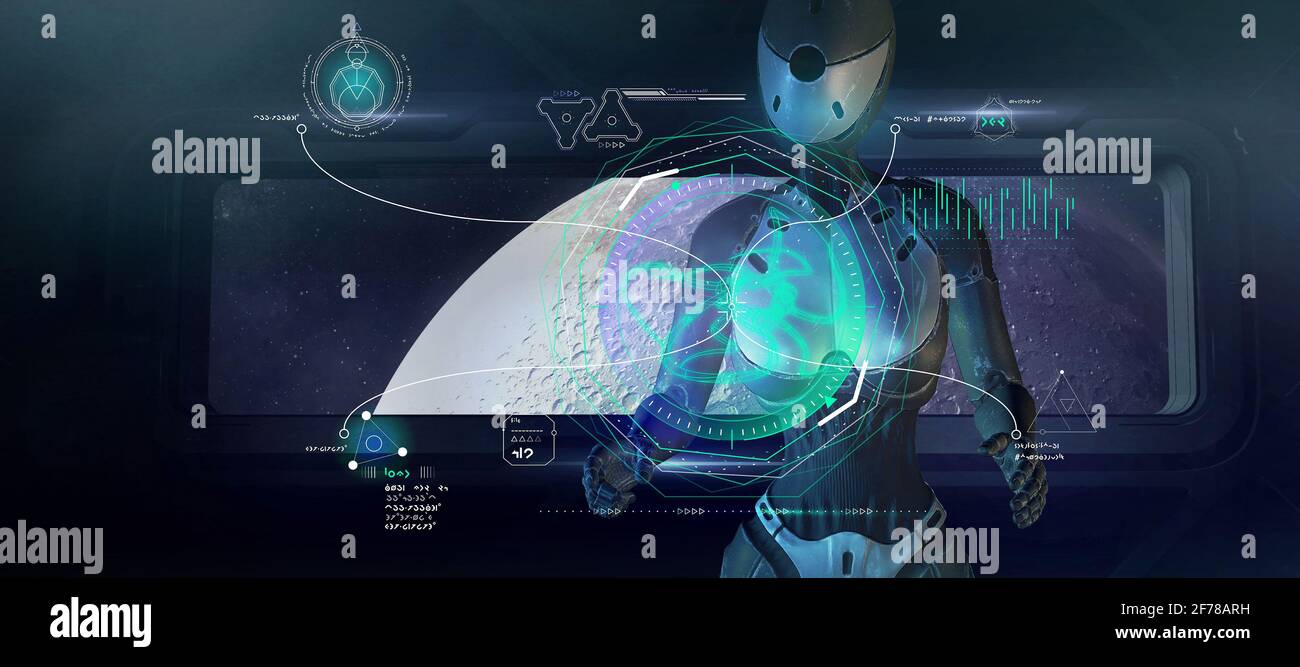 Un robot alieno sta analizzando i dati su un organismo vivente sconosciuto. Rendering 3D Foto Stock