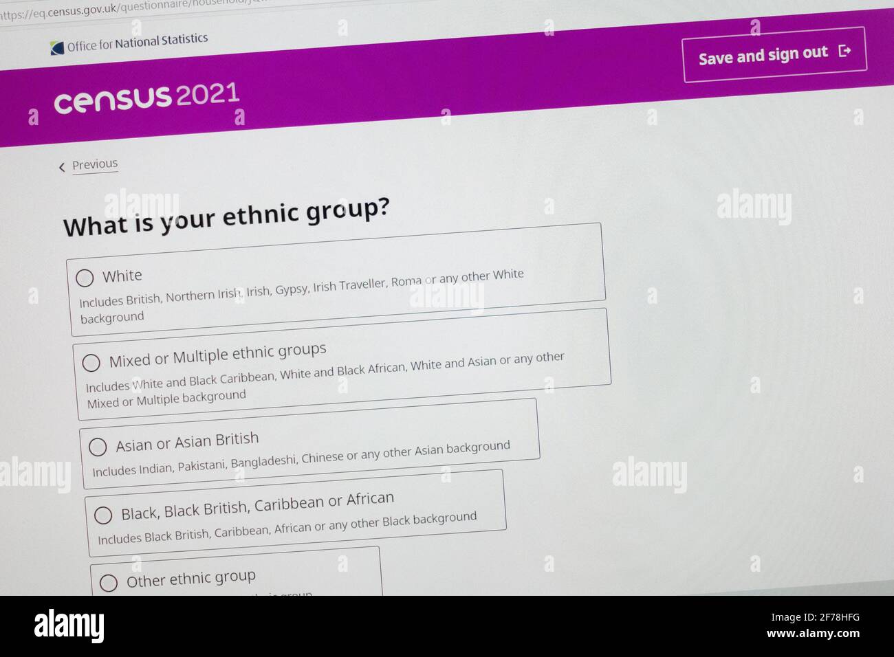Domanda sull'etnia sul modulo online del censimento del Regno Unito 2021 Foto Stock