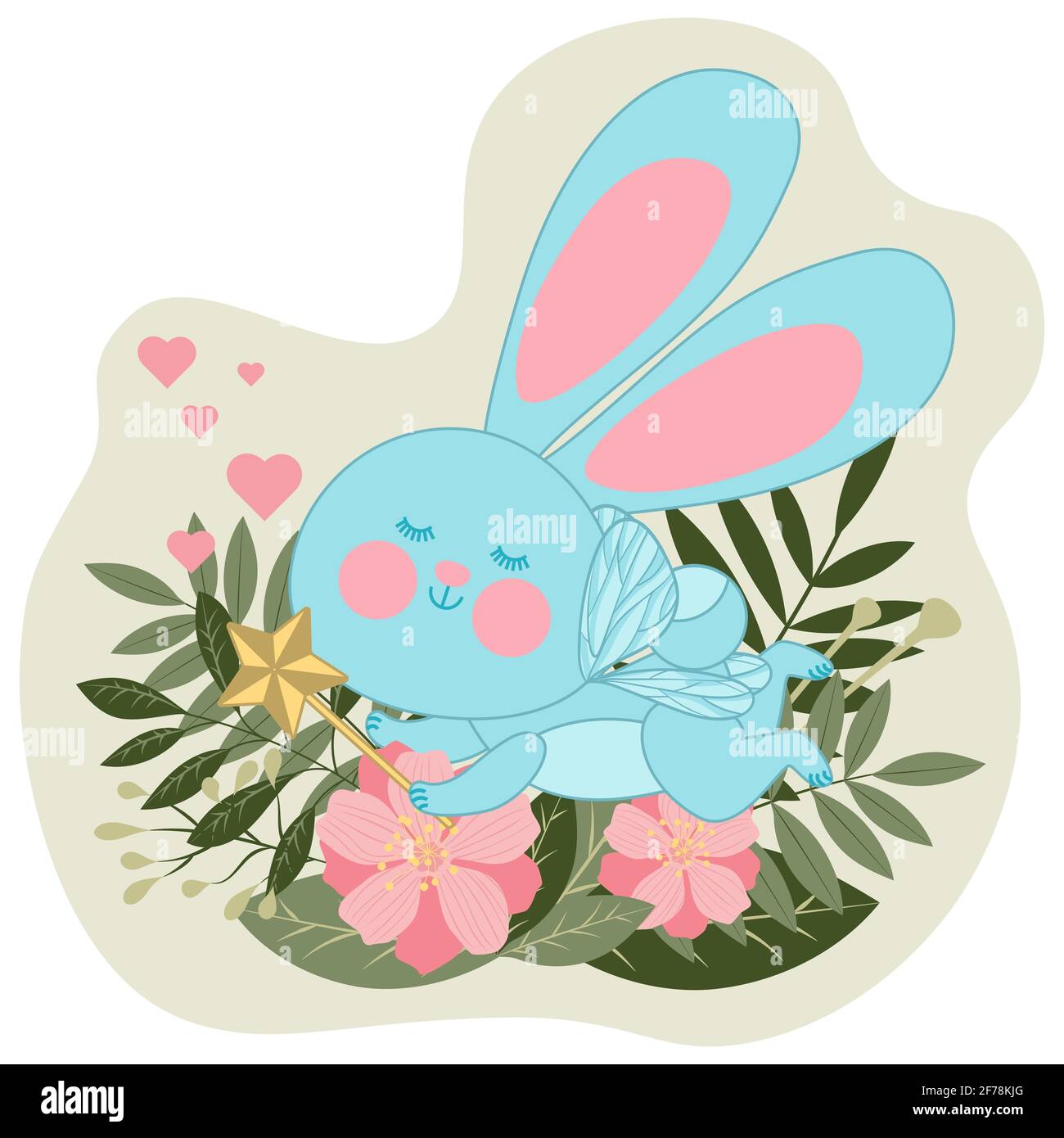Un simpatico coniglio di fata con le ali e una bacchetta magica sta volando. Mago di coniglio volante alato. Stampa per bambini per abiti, poster o cartoline. Illustrazione Vettoriale