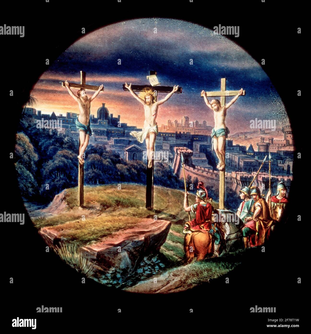 Immagine Lates magica. Immagine dipinta a mano sul vetro. La crocifissione a Gerusalemme. Foto Stock