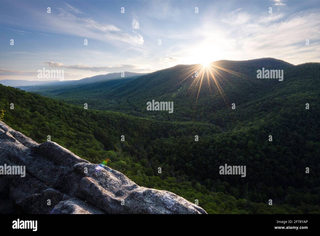 Una stella del sole del pomeriggio che splende attraverso la Fort Valley vicino a Front Royal, Virginia. Foto Stock