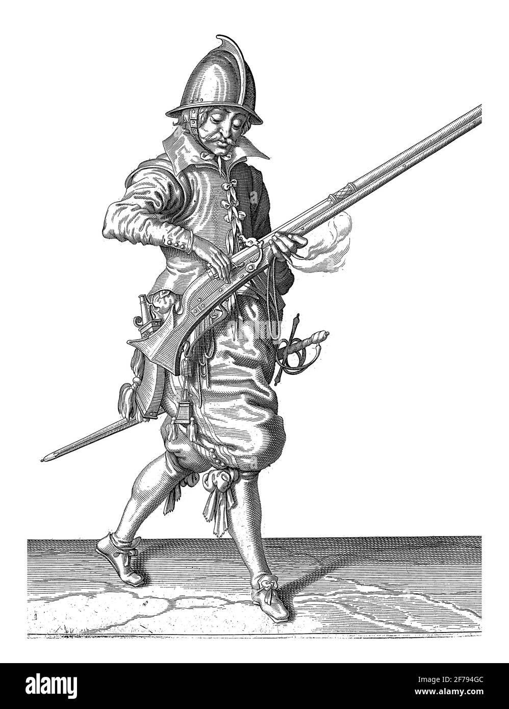 Un soldato, a tutta lunghezza, a destra, che chiude la padella (il contenitore della polvere) del suo timone (un certo tipo di arma da fuoco) con la mano destra (n. 17) Foto Stock