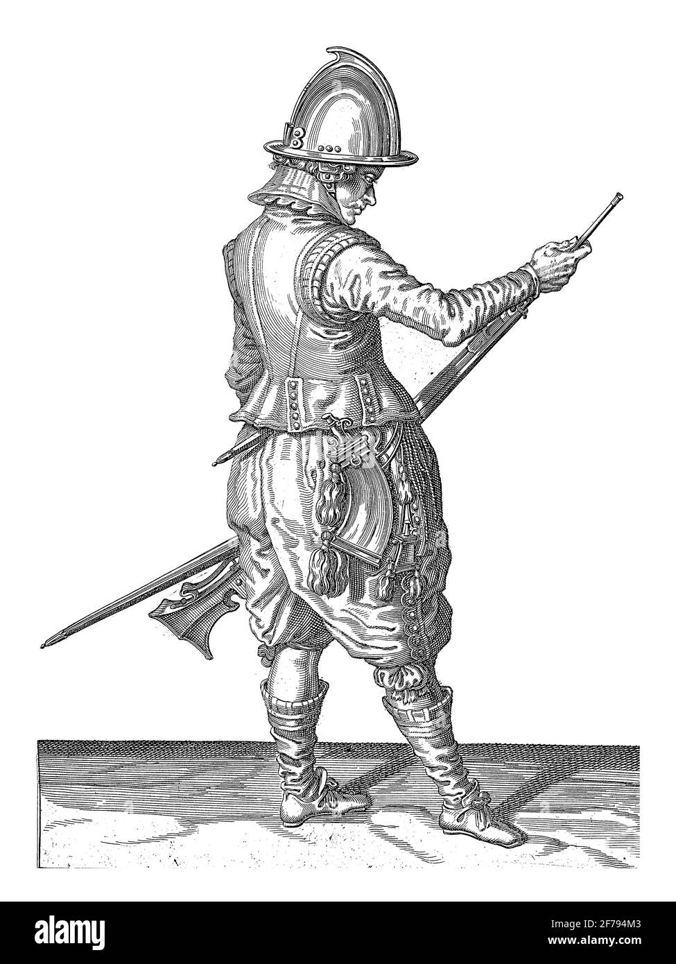 Un soldato, a tutta lunghezza, a destra, con un timone (un particolare tipo di arma da fuoco), incisione d'epoca. Foto Stock