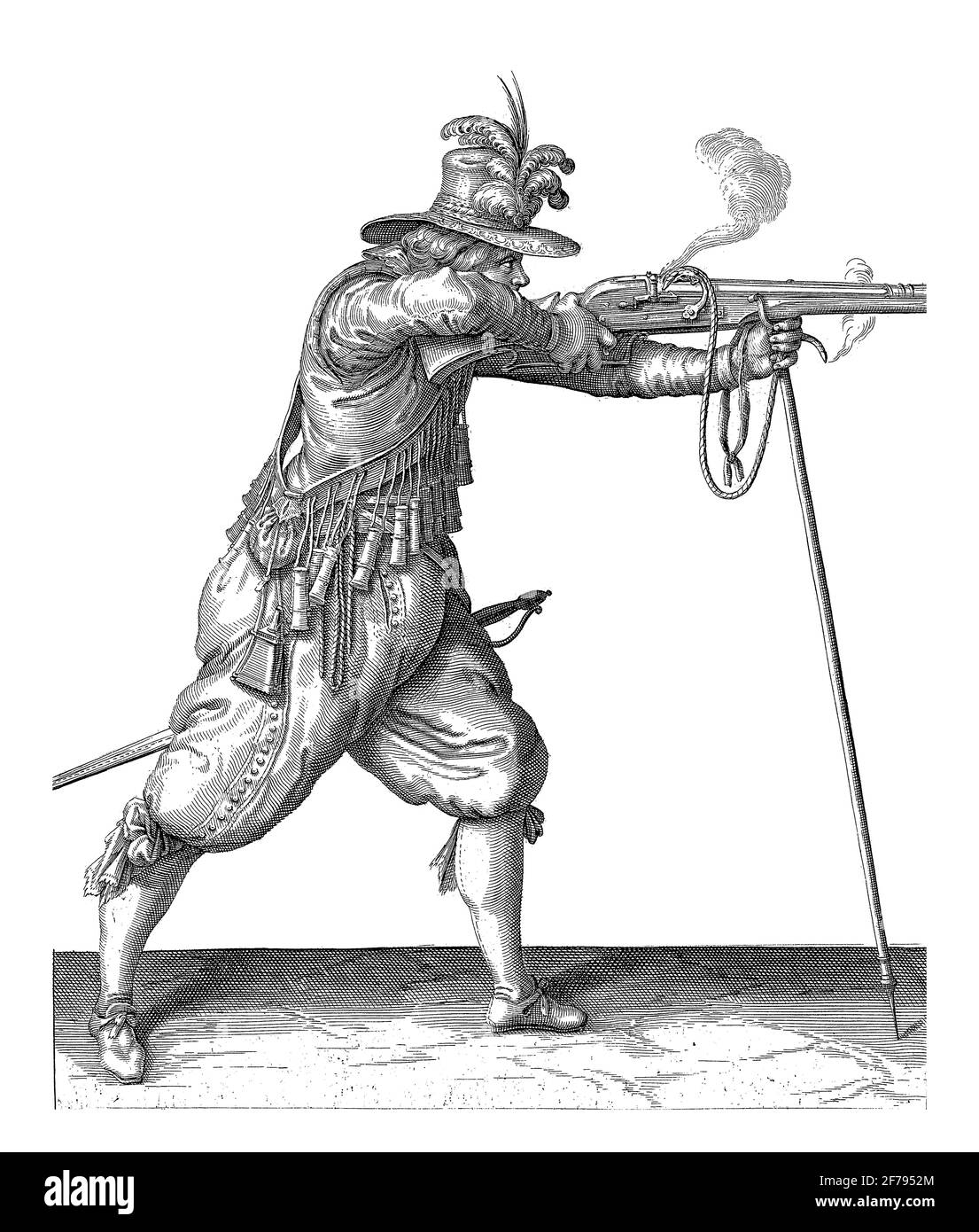 Un soldato, a tutta lunghezza, a destra, che punta un musket (un particolare tipo di arma da fuoco) con entrambe le mani verso un bersaglio, sostenendo il barile su un furket (m Foto Stock