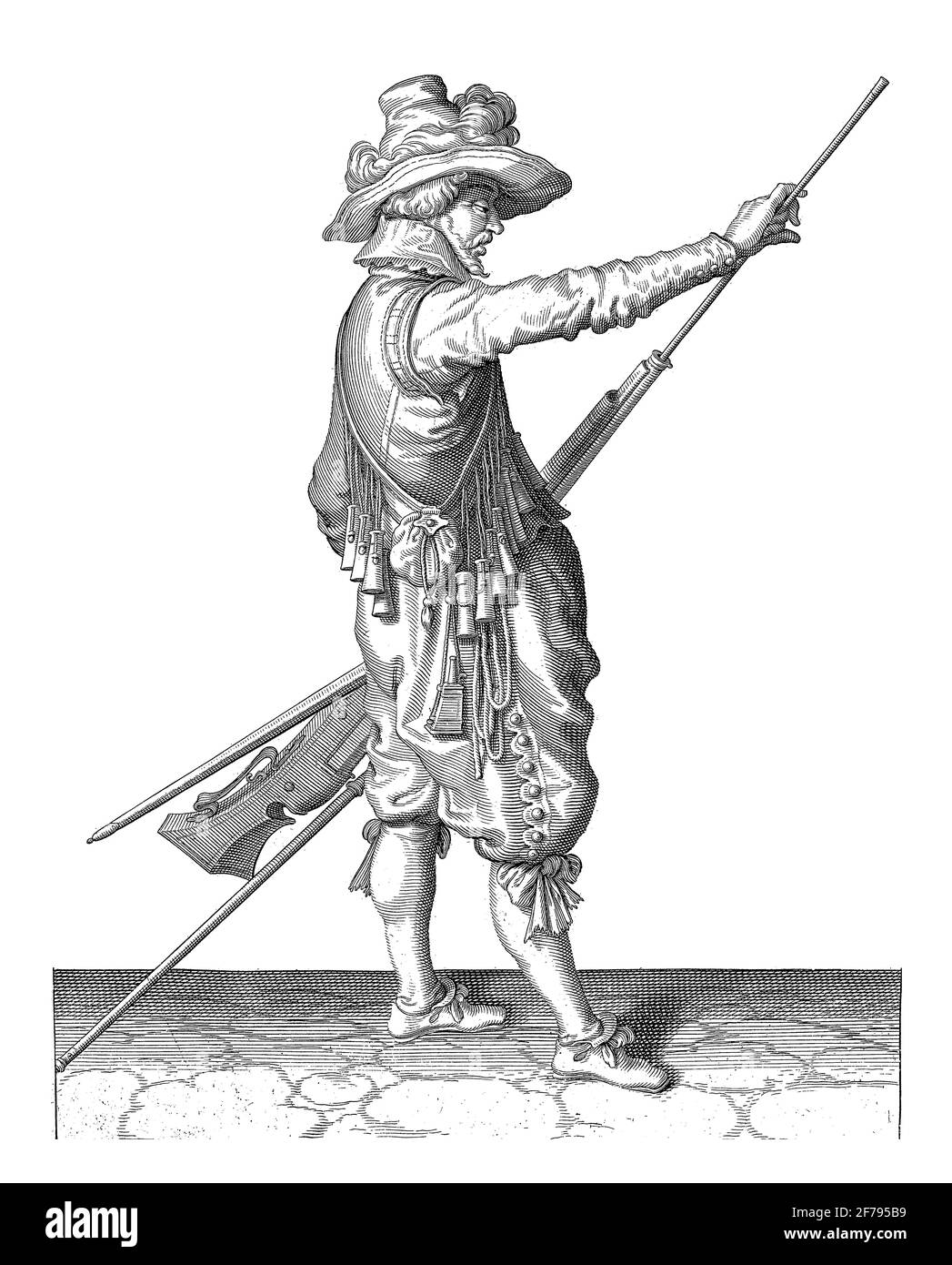 Un soldato, a tutta lunghezza, a destra, con un musket (un certo tipo di arma da fuoco), incisione d'epoca. Foto Stock