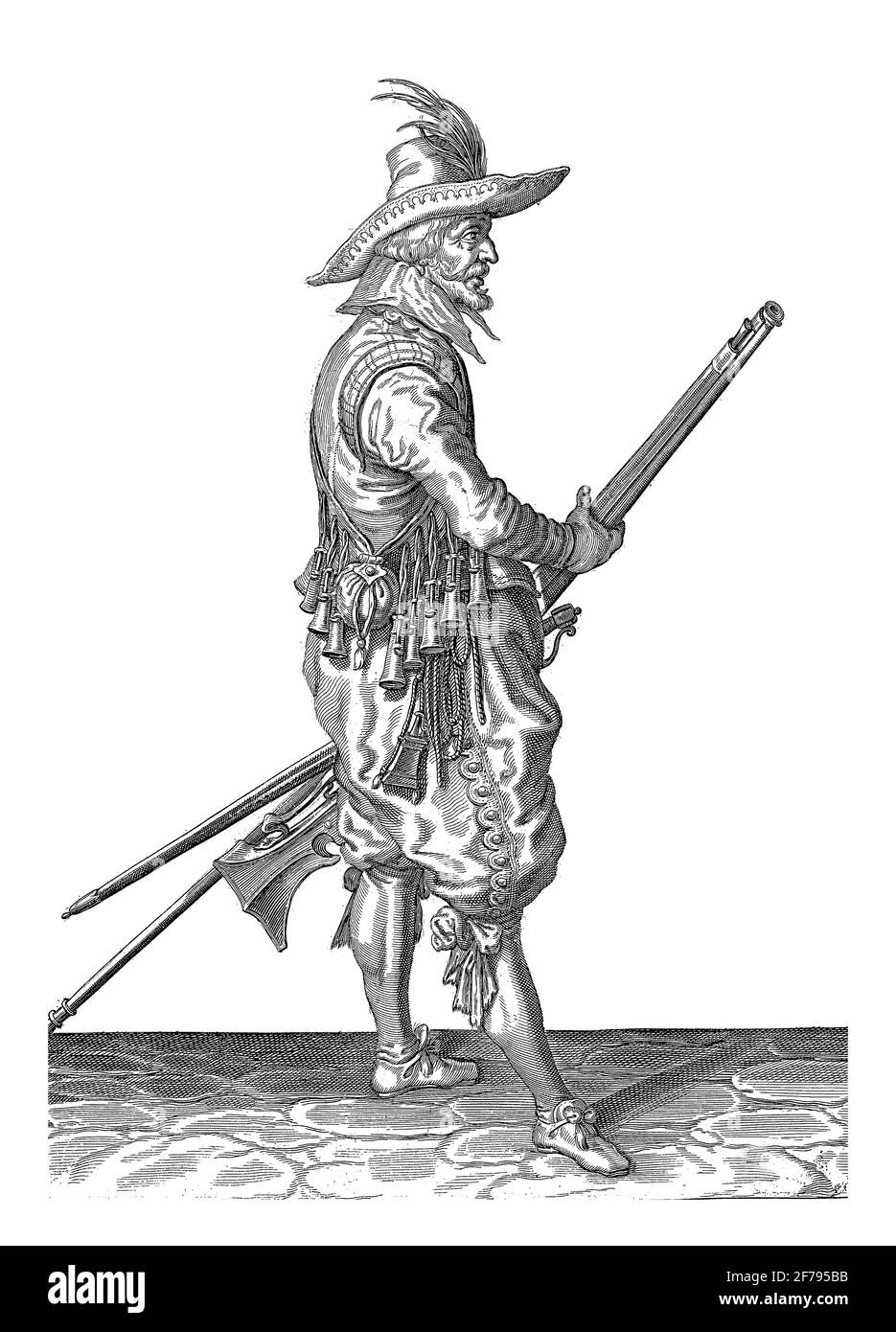 Un soldato, a lunghezza intera, a destra, che tiene un musket (un tipo particolare di arma da fuoco) con la coscia sinistra con entrambe le mani, piatto 22 nell'istruzione Foto Stock