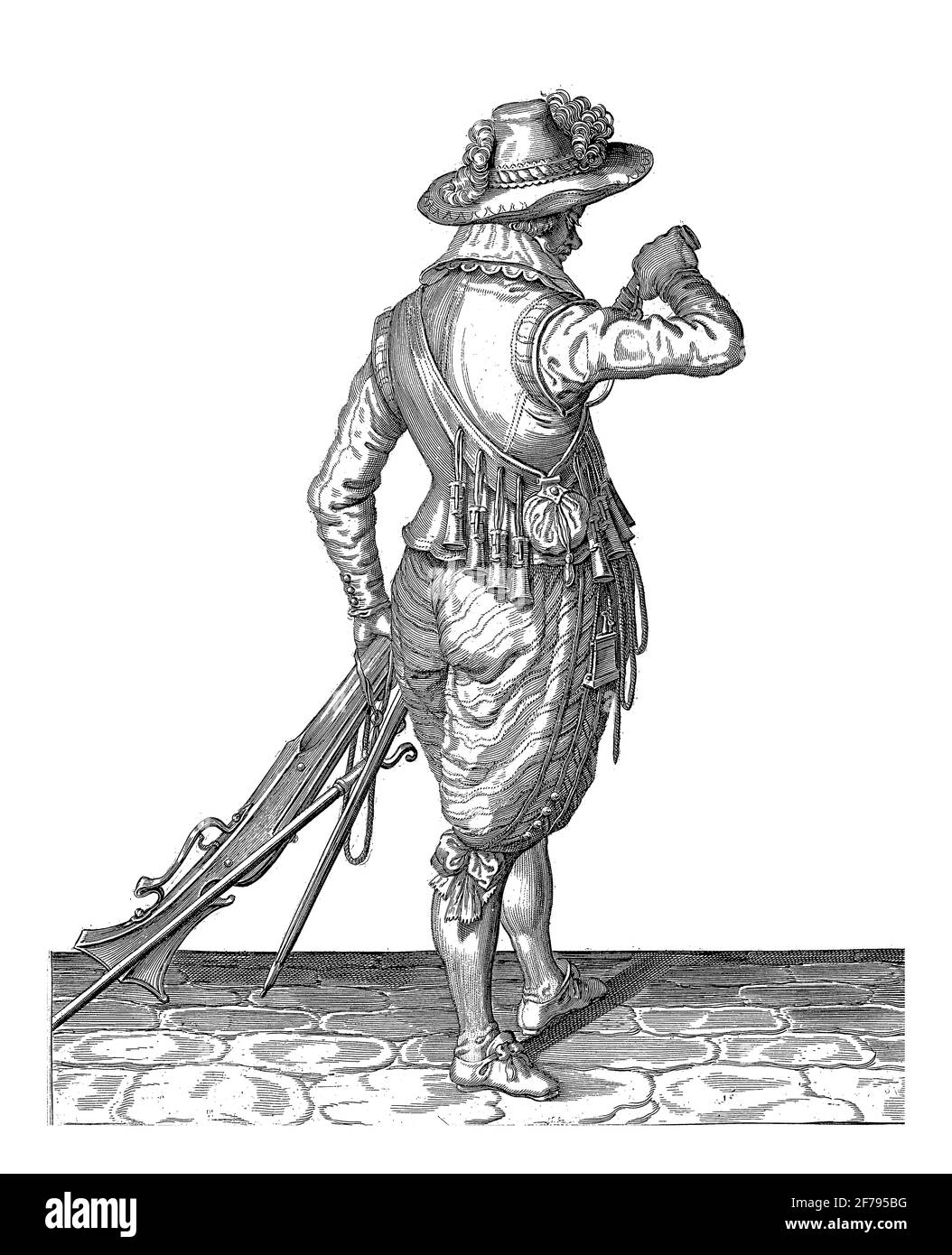 Un soldato, lunghezza intera, dopo destra, visto dalla parte posteriore, tenendo un musket (un tipo particolare di arma da fuoco) con la coscia sinistra dalla coscia sinistra, Vintag Foto Stock