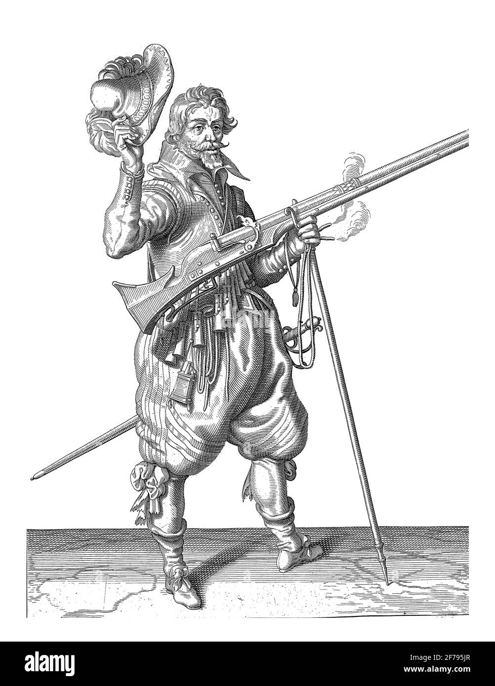 Un soldato in guardia, a tutta lunghezza, a destra, con un muschetto (un certo tipo di arma da fuoco), incisione vintage. Foto Stock