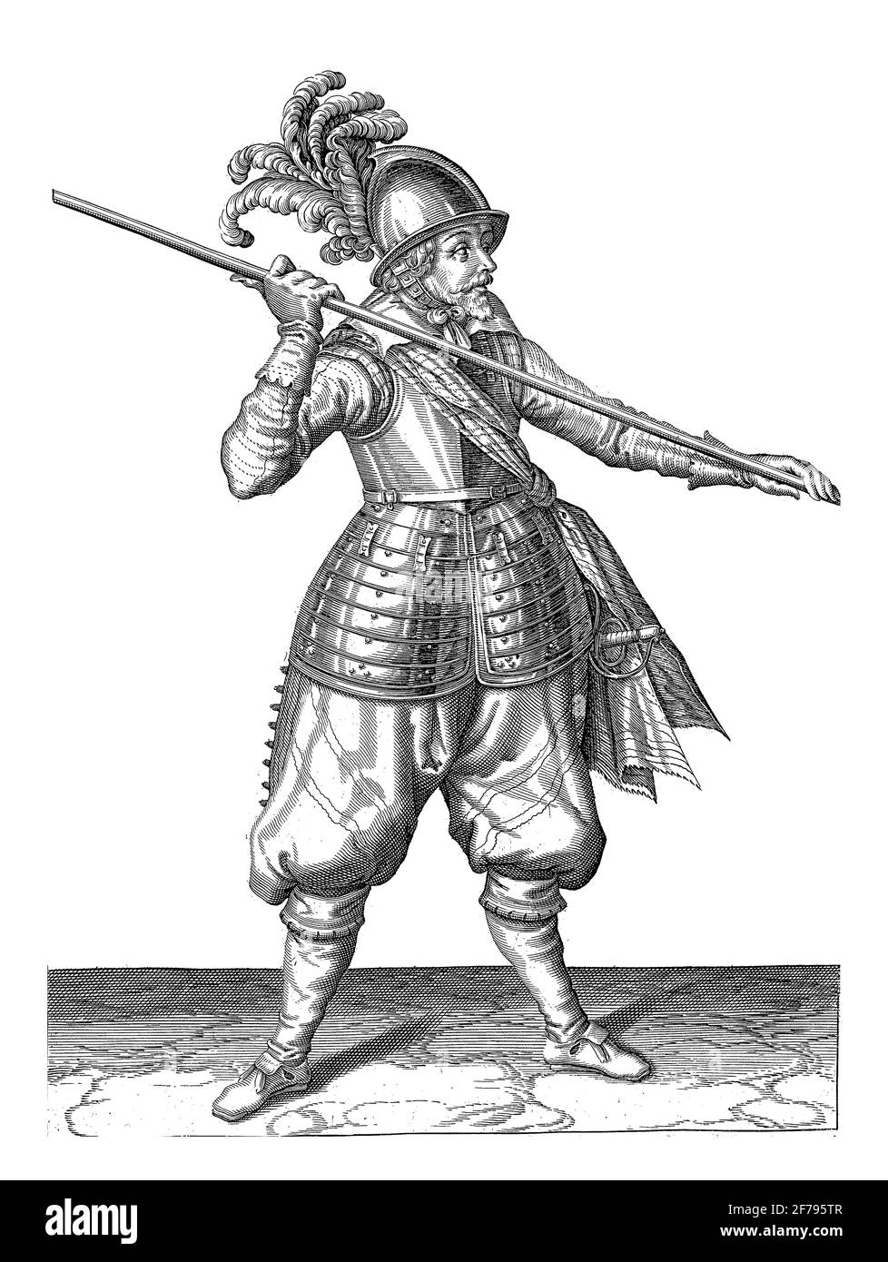 Un soldato, a tutta lunghezza, che porta una lancia sopra la spalla destra, puntò la punta obliquamente a terra (No 12), c.. 1600, engra d'annata Foto Stock