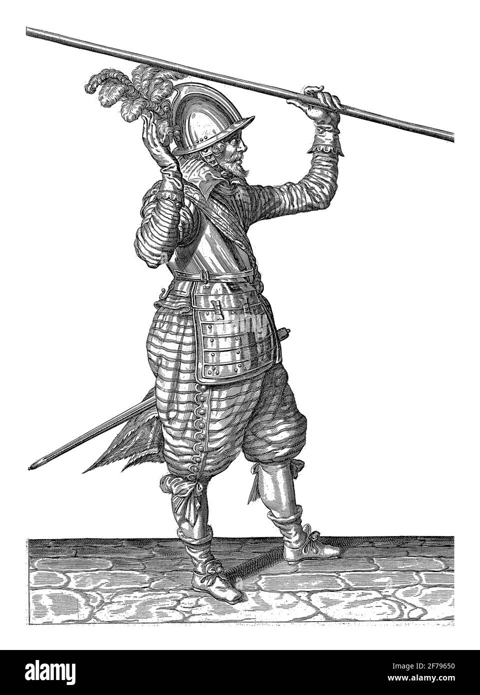 Un soldato, a tutta lunghezza, a destra, sollevando una lancia con la mano sinistra sopra la spalla sinistra, la mano destra sollevata per prenderlo sopra, Vint Foto Stock
