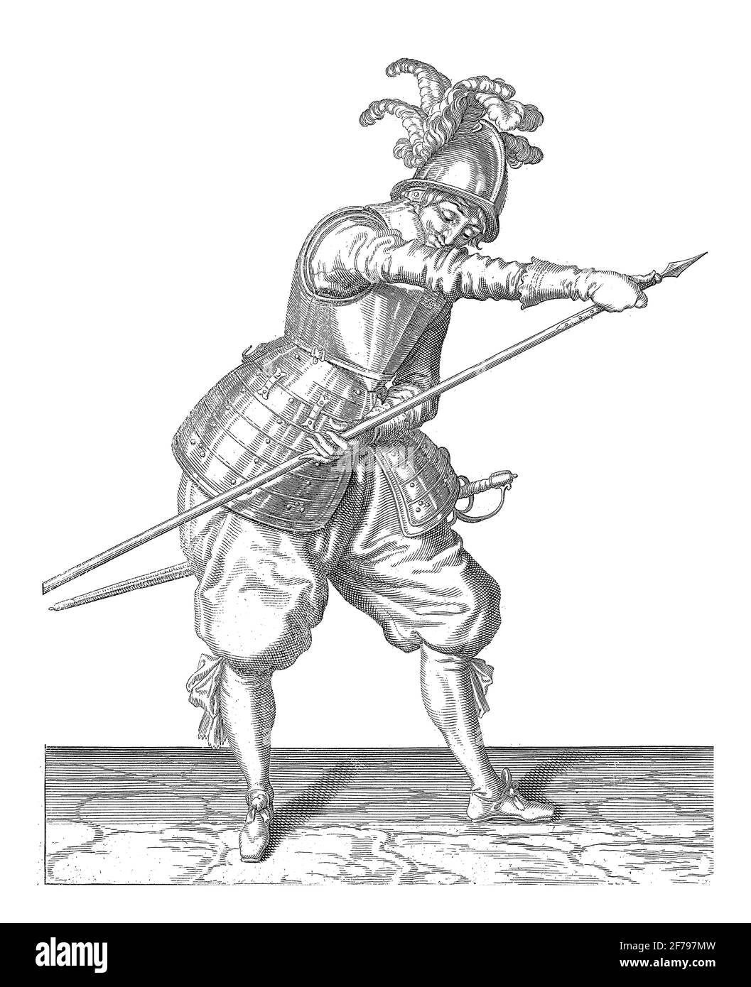 Un soldato, a tutta lunghezza, a destra, che stacca la punta della sua lancia con la mano destra e afferra l'albero con la mano sinistra, annata Foto Stock
