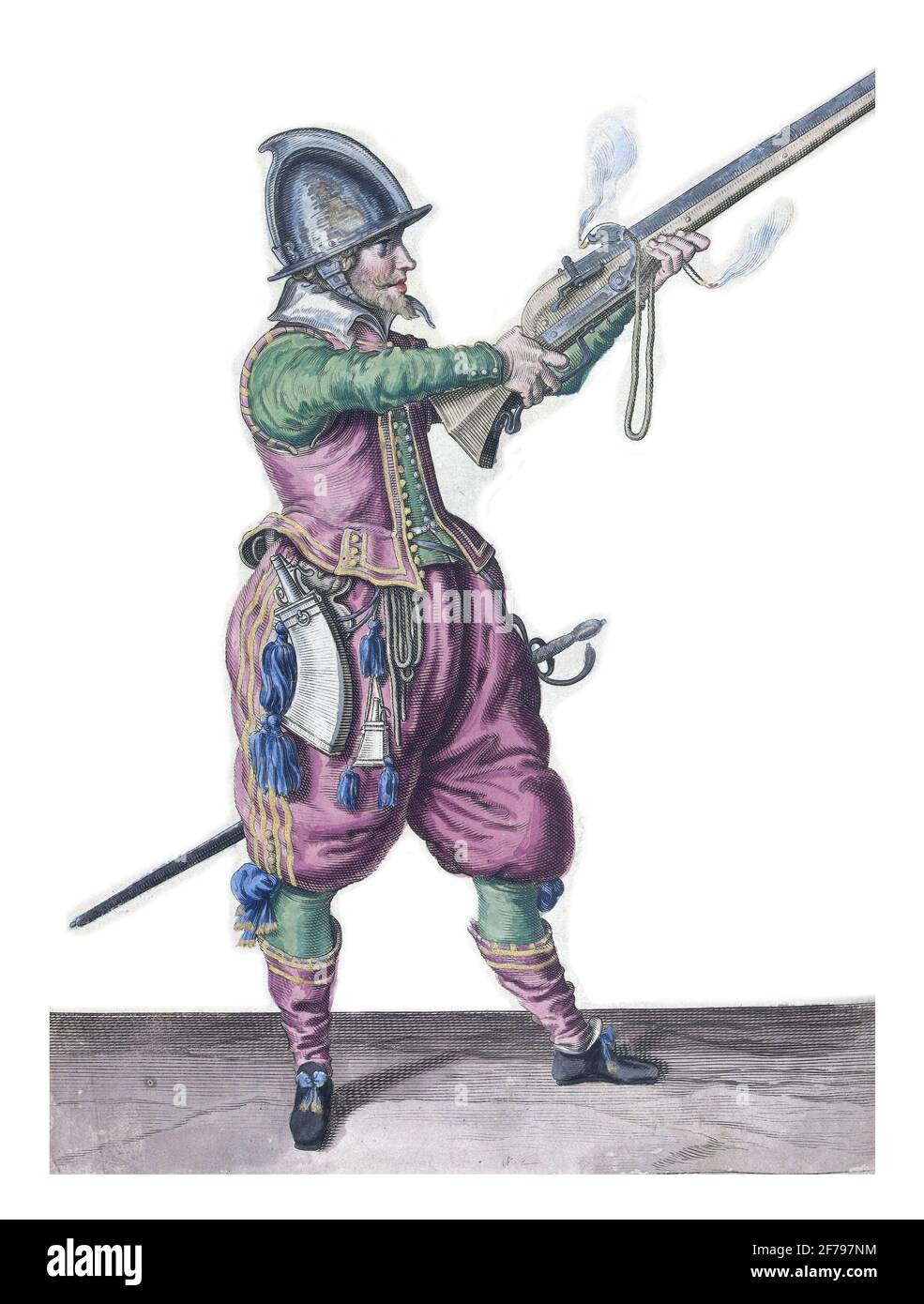 Un soldato, a tutta lunghezza, a destra, che tiene un timone (un particolare tipo di arma da fuoco) con entrambe le mani e la inclina verso l'alto, incisione vintage. Foto Stock