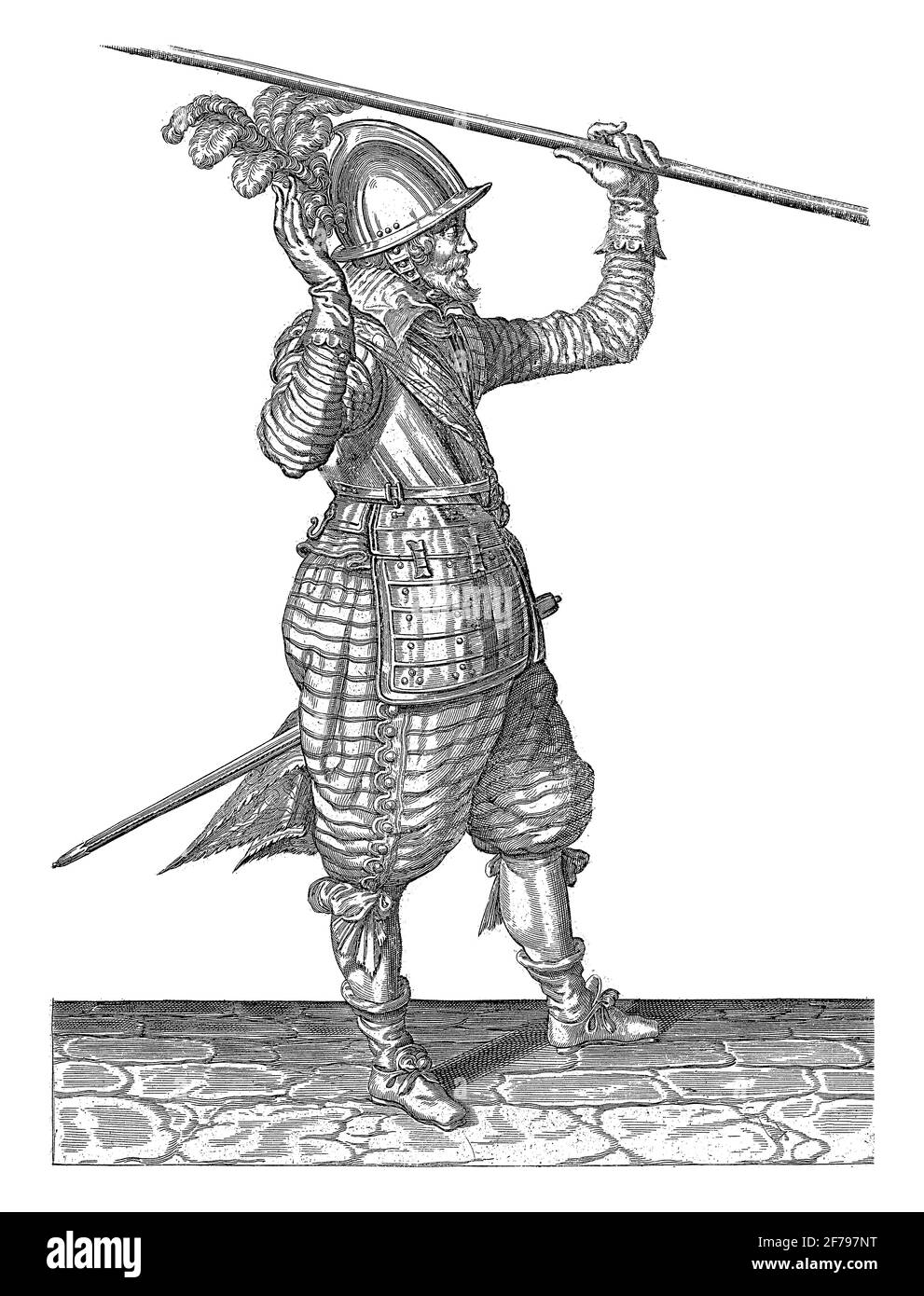 Un soldato, a tutta lunghezza, a destra, sollevando una lancia con la mano sinistra sopra la spalla sinistra, la mano destra sollevata per prenderlo sopra, Vint Foto Stock