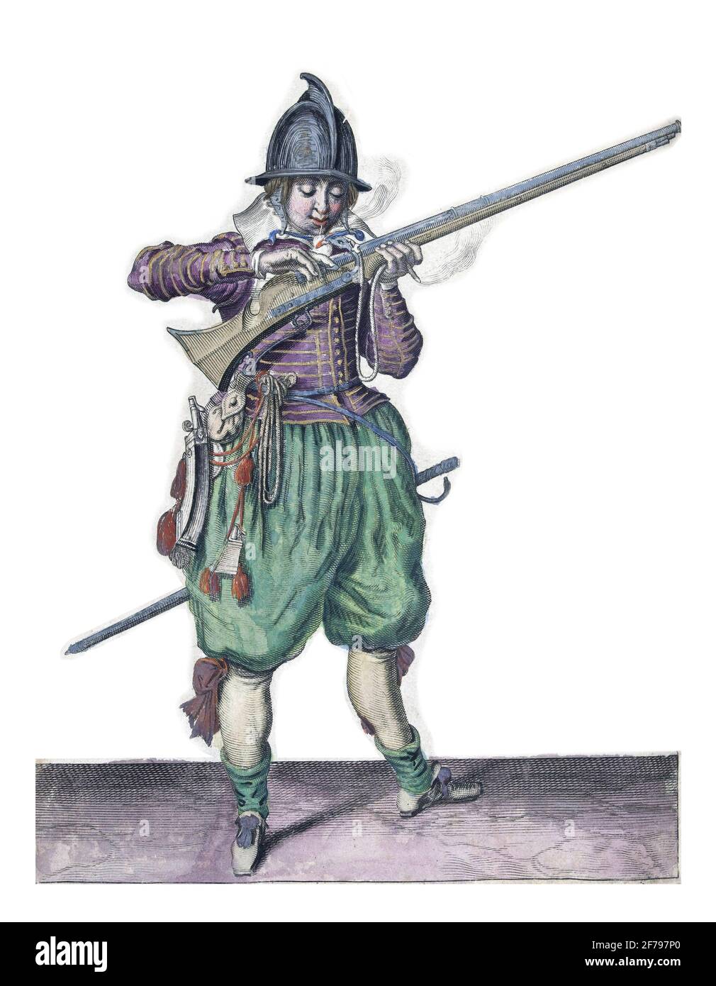 Un soldato, a tutta lunghezza , a destra, che tiene un timone (un certo tipo di arma da fuoco) con la mano sinistra, incisione vintage. Foto Stock