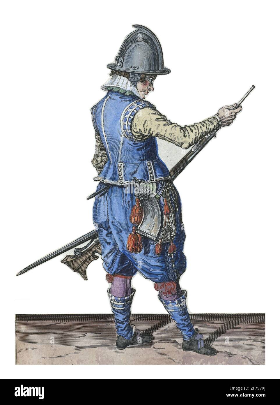 Un soldato, a tutta lunghezza, a destra, che tiene un timone (un certo tipo di arma da fuoco) con la coscia sinistra e sposta il suo bastone con la mano destra a pu Foto Stock