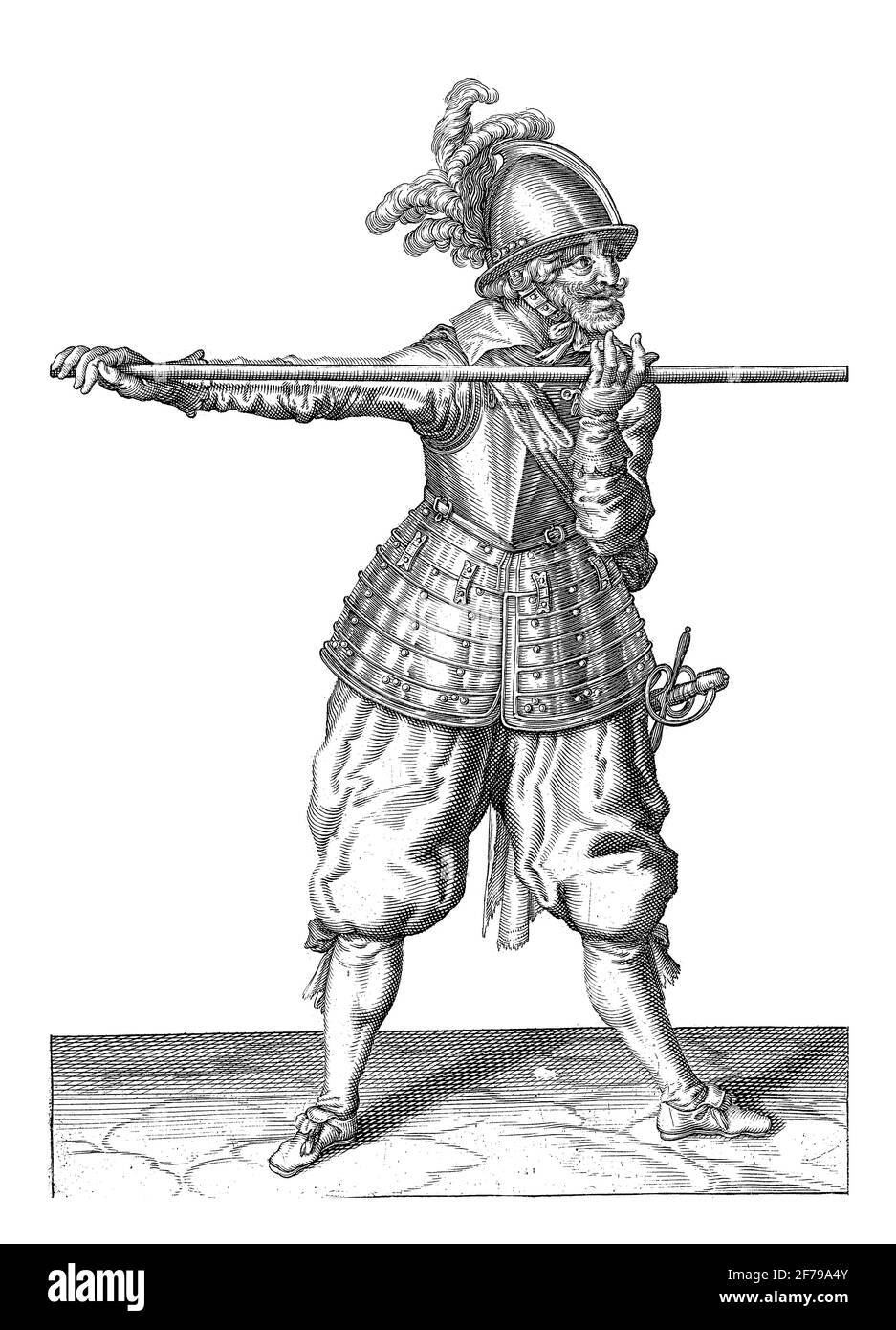 Soldato che porta il suo spiedino orizzontale con spalla a altezza spalla, incisione vintage. Foto Stock