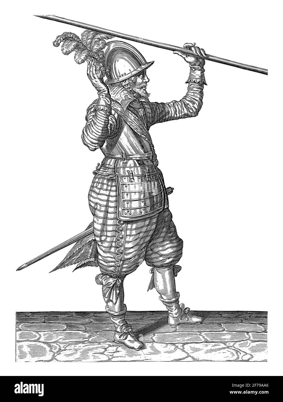 Soldato sollevando il suo spiedino con la mano sinistra sopra la spalla sinistra, la mano destra sollevata per prenderlo sopra, incisione vintage. Foto Stock