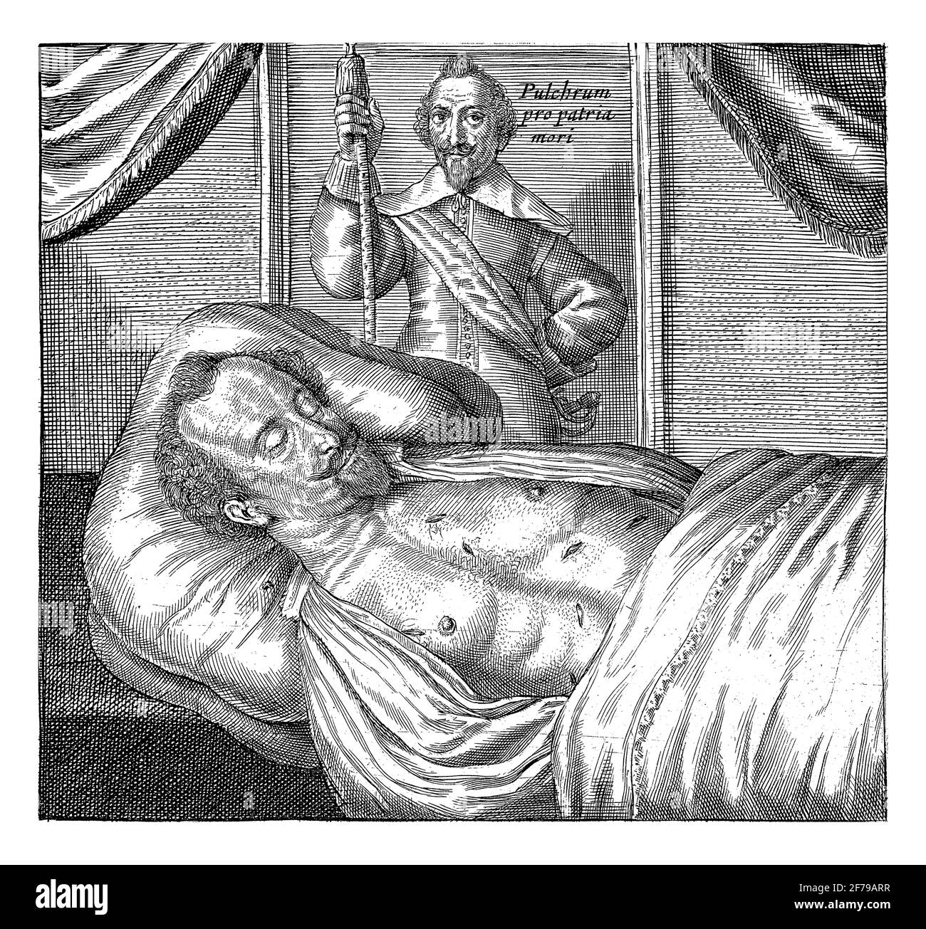 Il cadavere di Sebastiaen de la Ruelle, sindaco di Liegi, assassinato da Reinier van Renes, incisione d'annata. Foto Stock