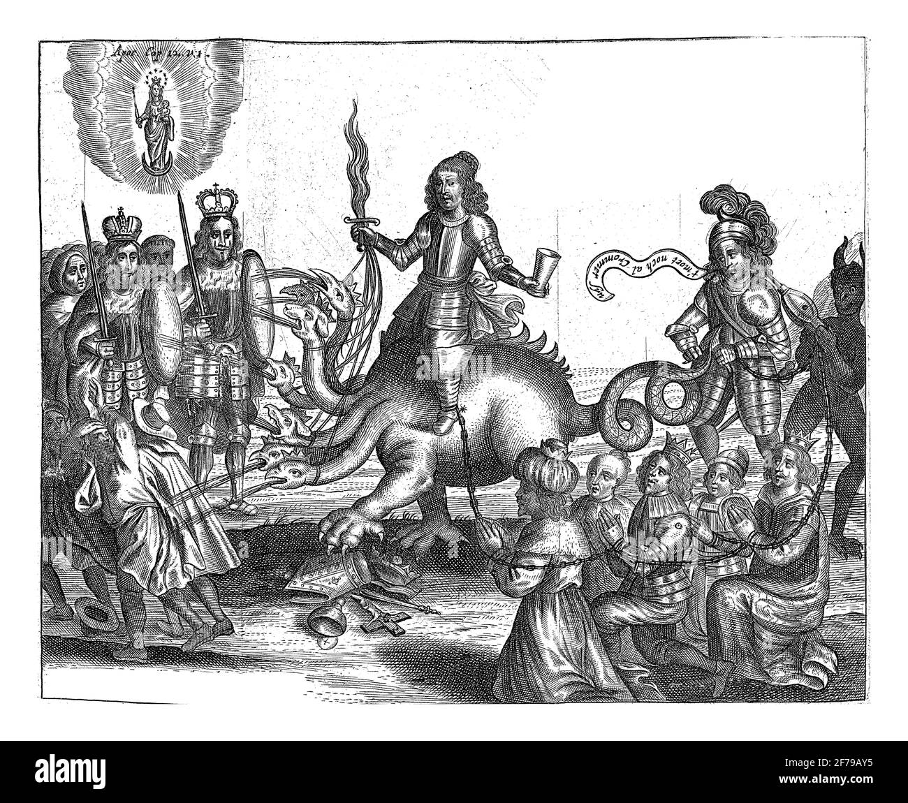 Cromwell e l'arlot di Babilonia seduto sul drago a sette teste minaccia i monarchi cattolici Filippo IV e Ferdinando III, incisione d'epoca. Foto Stock