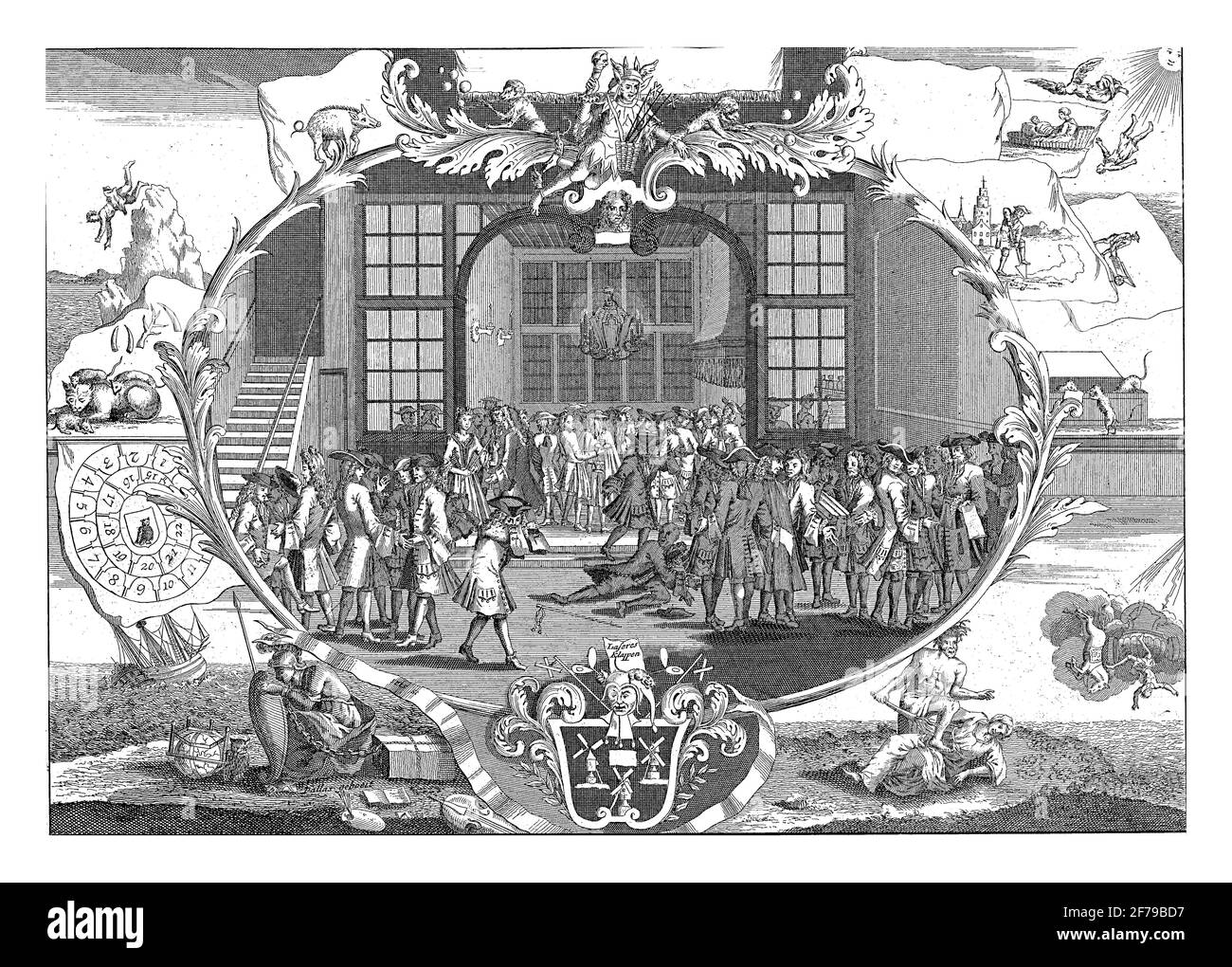 Presentazione centrale della caffetteria Quincampoix a Kalverstraat, centro dell'azione di Amsterdam, 1720, incisione d'annata. Foto Stock