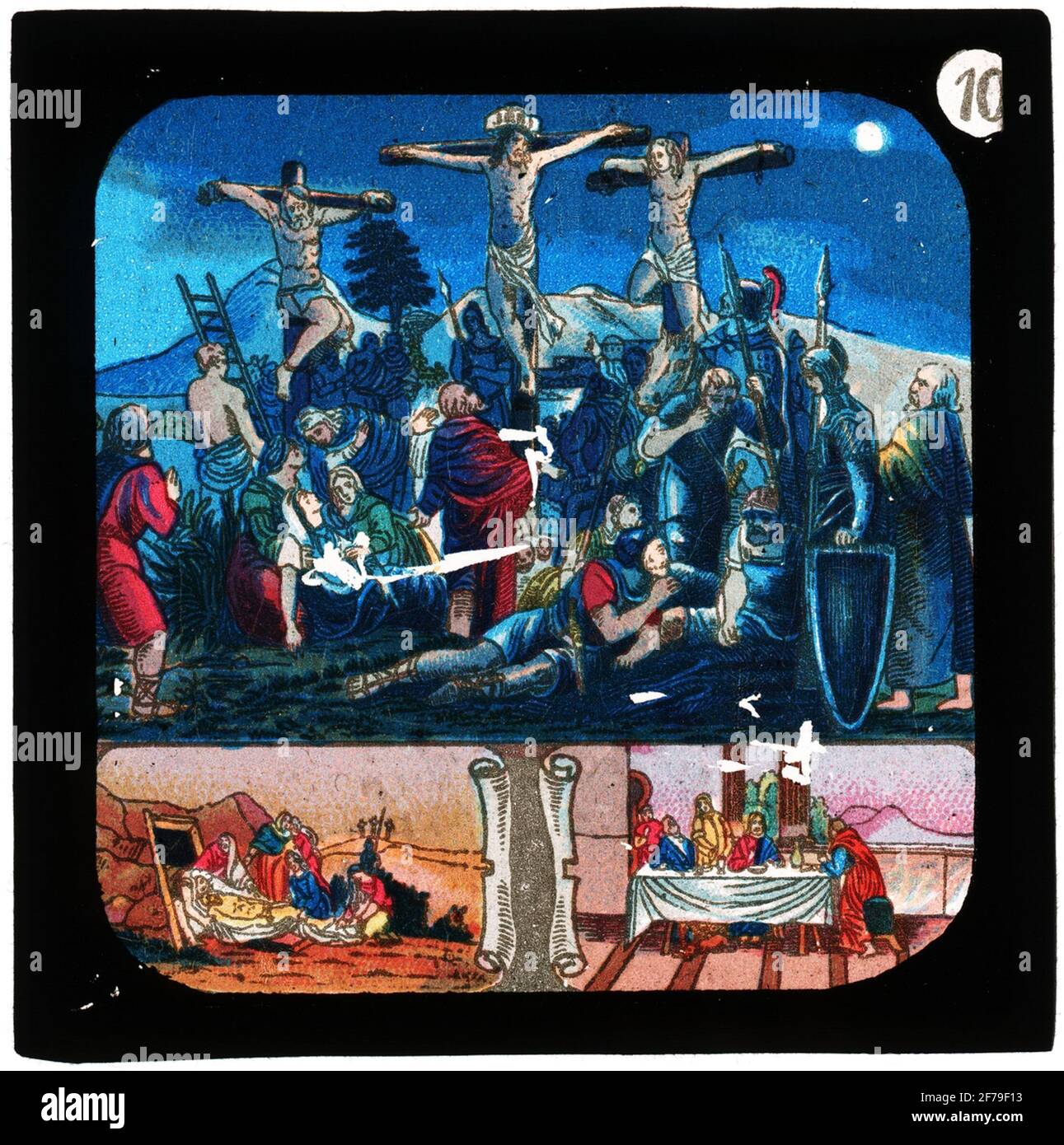 Immagine dipinta di vetro per icona skiat / Laterna Magica.jesu vita, morte e resurrezione. 'Gesù crocifissione', n° 10. Foto Stock