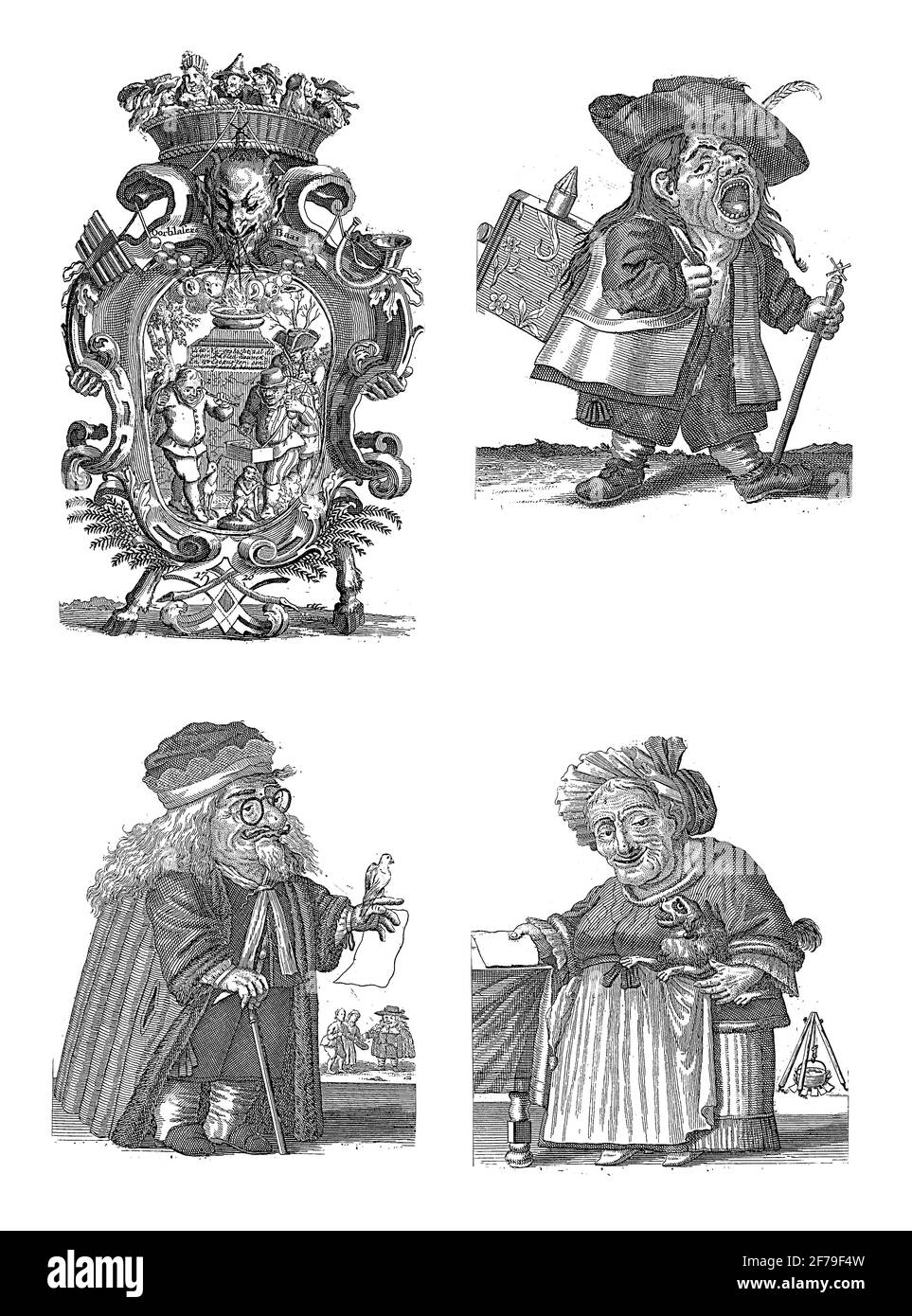 Foglia con caricature di nani nel commercio del vento, incisione vintage. Foto Stock