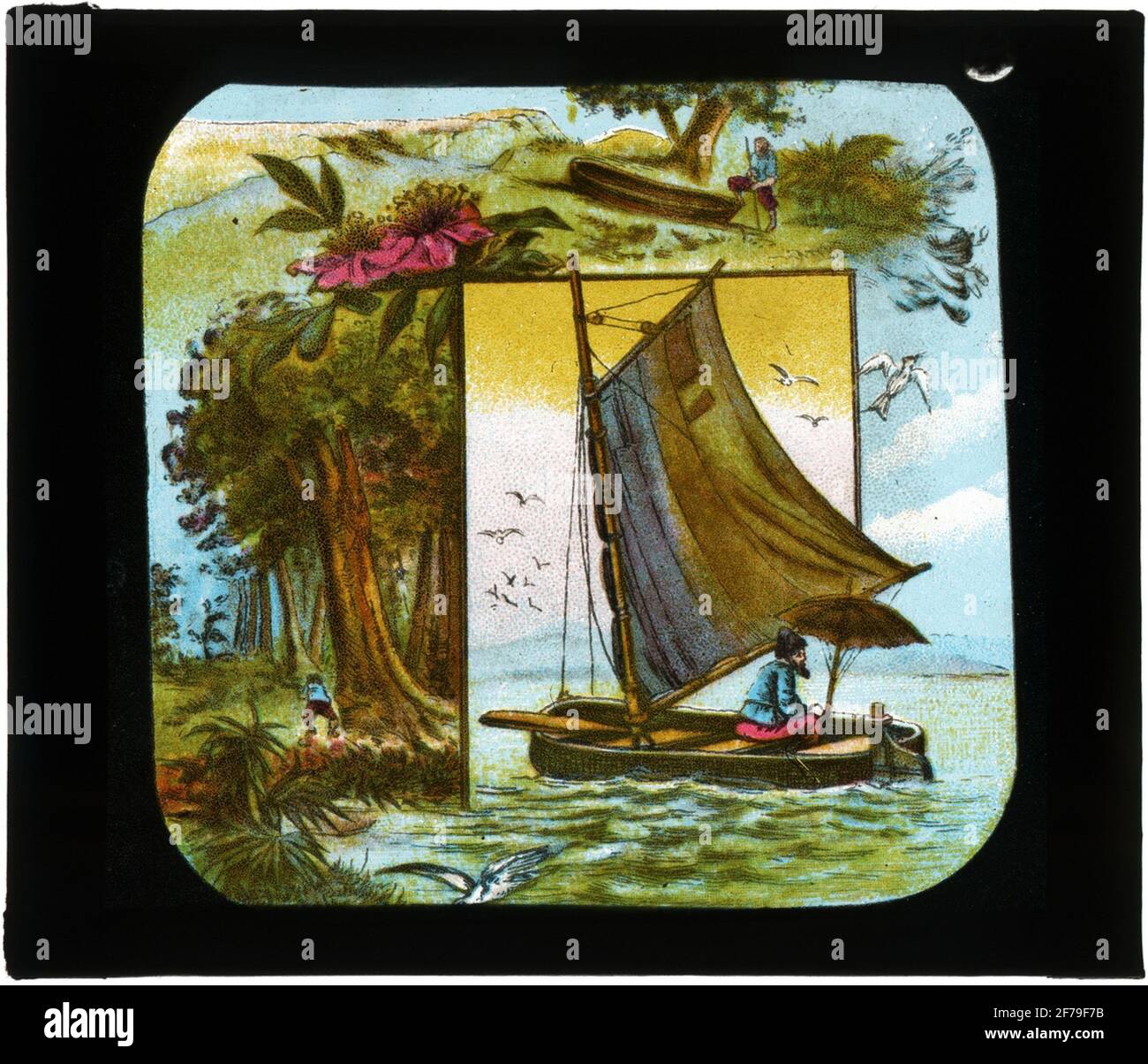 Immagine dipinta a mano sul vetro per Skiat Icon / più tardi Magica. 'Robinson Cruse' n. 15. Robinson sta cercando una barca che ha prodotto per lasciare l'isola. Foto Stock