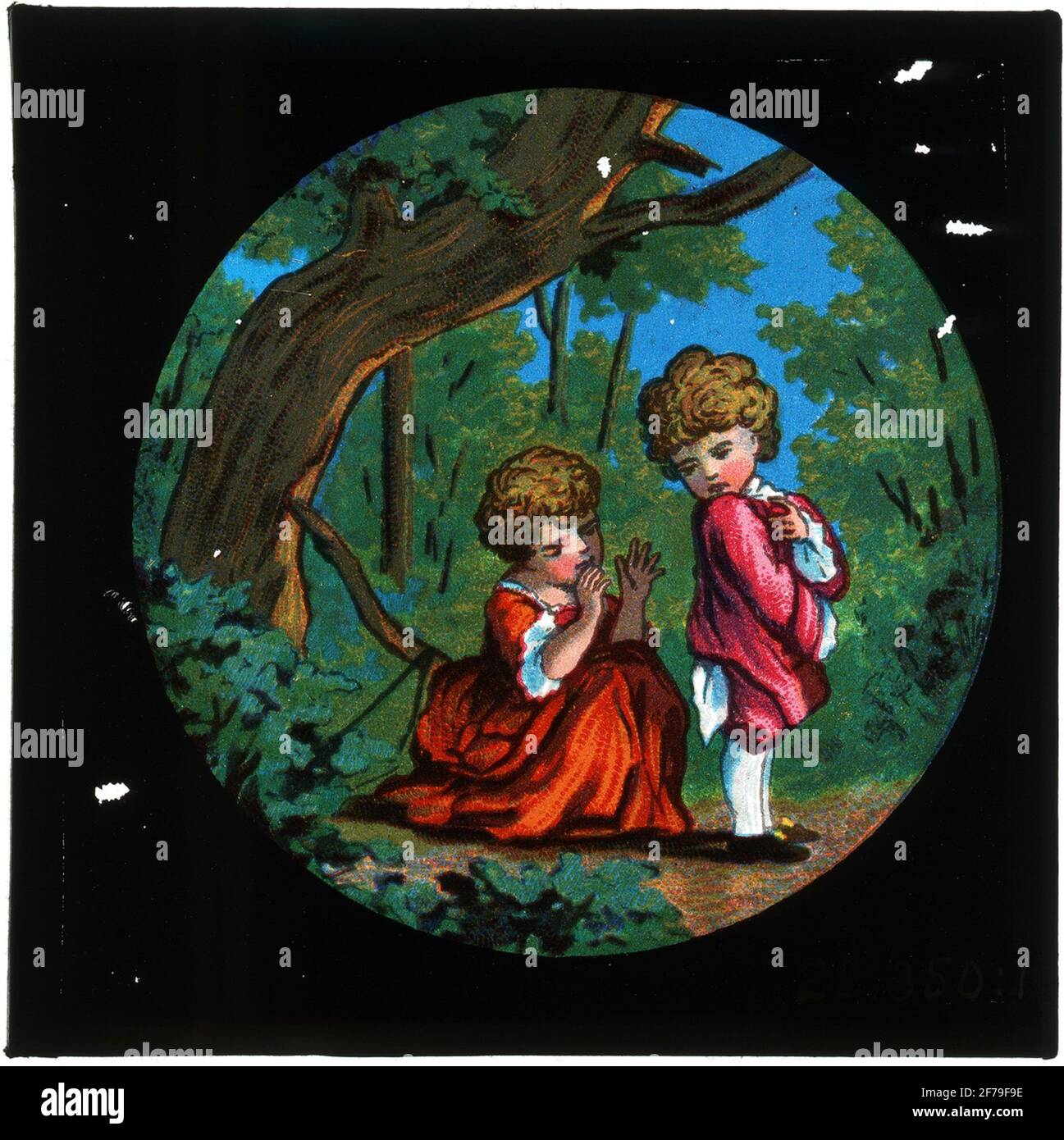 Immagine dipinta di icona skipet / più recente magica.pojke e la ragazza nella foresta. Foto Stock